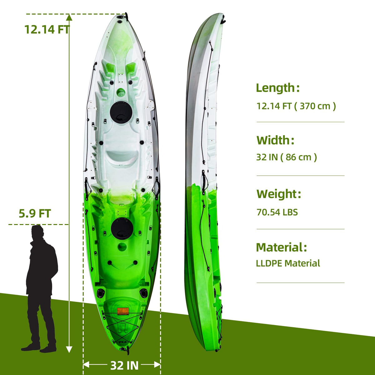 Fishing Kayaks, 12.4FT Sit on Top Kayak for 2-3 Person Adults with Paddle, Capacity of 600LBS, Hard Shell Recreational Kayak, Storage with Tie Downs