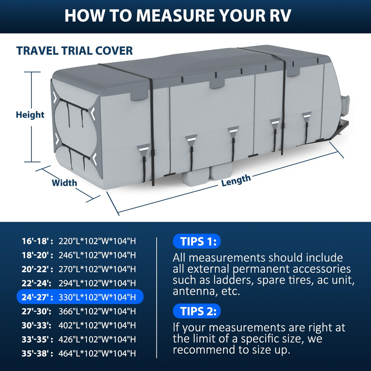 Mofeez Travel Trailer RV Cover, Extra-Thick Upgraded 7 Layers for Camper Cover 24'-27' Windproof Waterproof Rip-Stop RV Covers with 2Pcs Extra Straps & 4 Tire Covers
