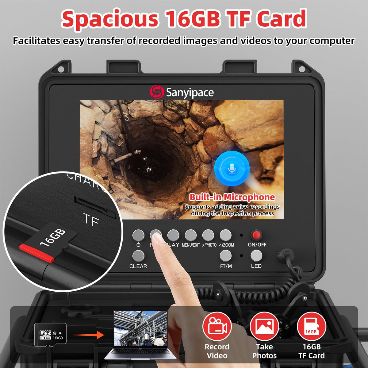 Sanyipace Sewer Camera Self-leveling with Locator, 512Hz Drain Camera with Distance Counter, Waterproof 100FT/30M Pipe Camera with 9" Screen, 1080P, 23mm/0.9in Borescope Inspection Camera for Plumbing