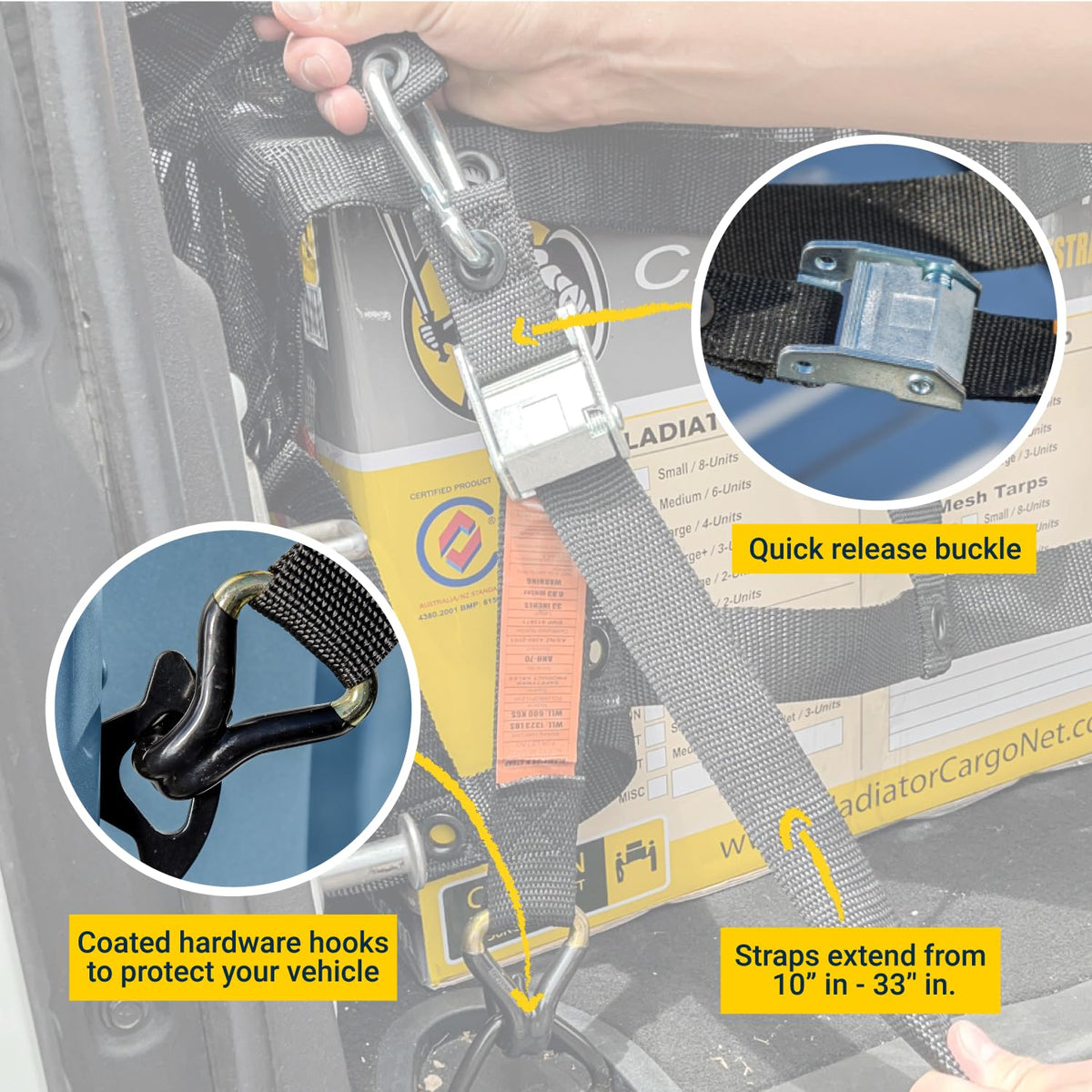 GLADIATOR CARGO NETS - Heavy Duty Cargo Net - Truck Accessory - Cargo Carrier -Truck Organizer - Medium-Trailer-Pickup-Boat-Jeep-SUV-Camping-(WLL): 1,500 lbs (MGN-100) 6.75' x 8' ft.