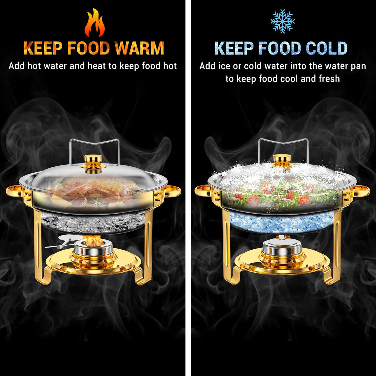 Keyoxy Round Chafing Dishes for Buffet 5 Qt,High Grade Chafing Dish Buffet Set, Full Size Pan,Rolled-Edge Design Food Warmers for Parties,Buffet,Wedding,Birthday,Camping 4 PACK (Gold)