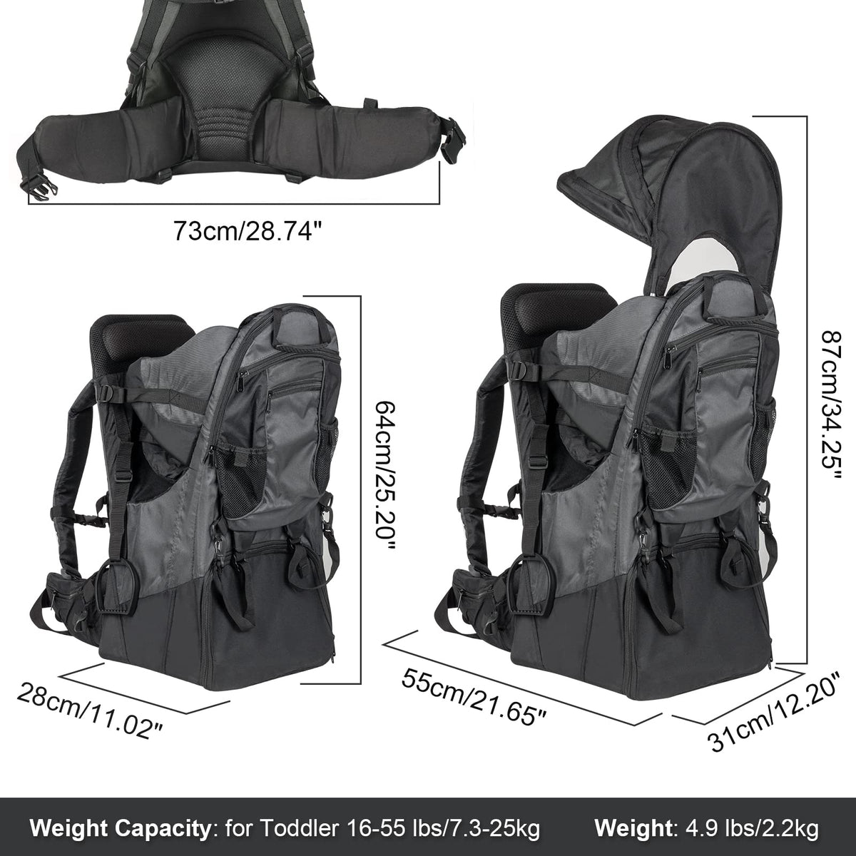 Baby Backpack Carrier, Safe Toddler Hiking Backpack Carrier Camping Child Carriers with Rain Cover Child Kid Sun Shade Large Storage Insulated Pocket, Adjustable Padded Children Seat