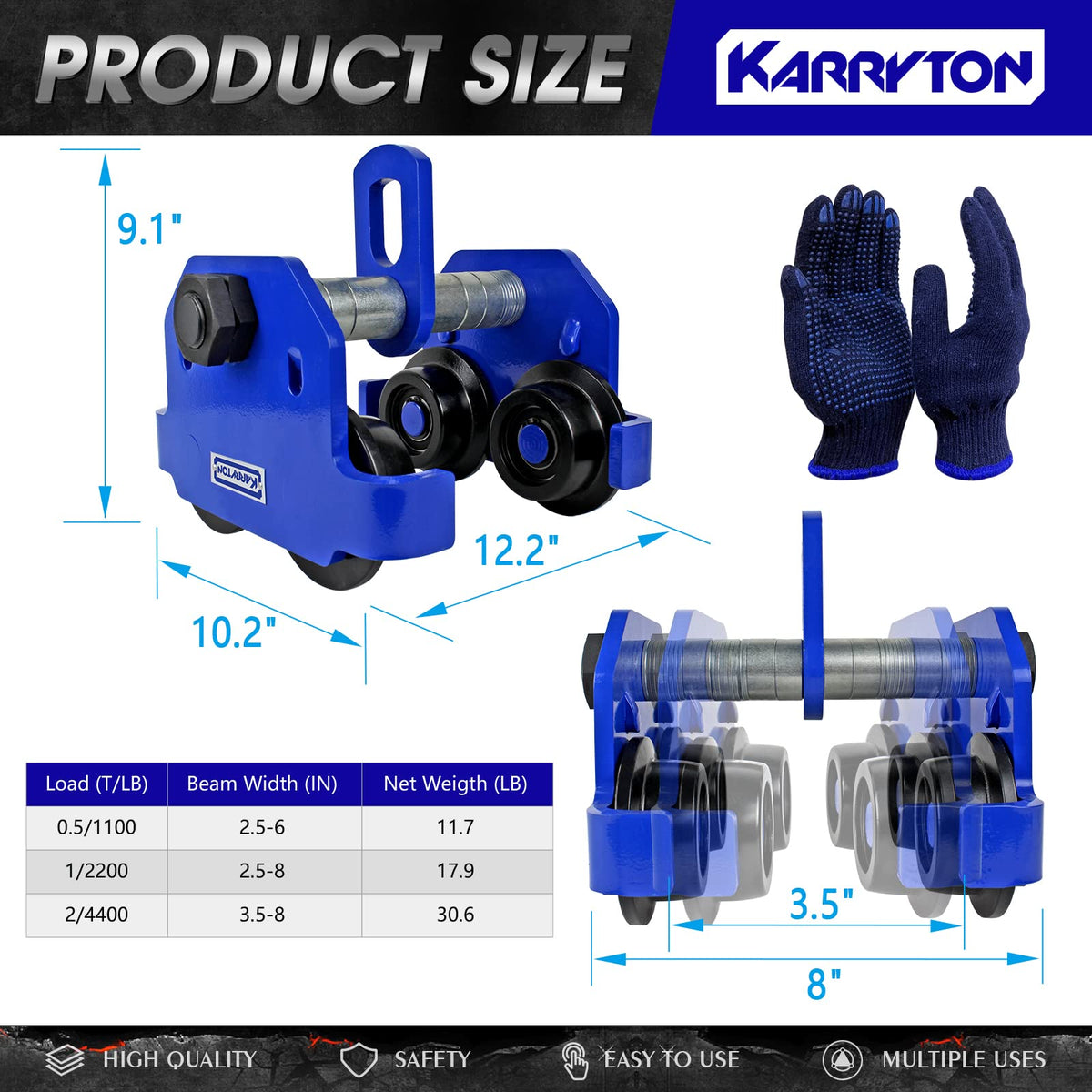 KARRYTON 2Ton/4400LB Beam Trolley 3.5 – 8in Adjustable Flange Width, Heavy Duty Manual Push Trolley w/Dual Track Rollers for Crane Lifts, Garage Hoists, Straight/Curved I Beams