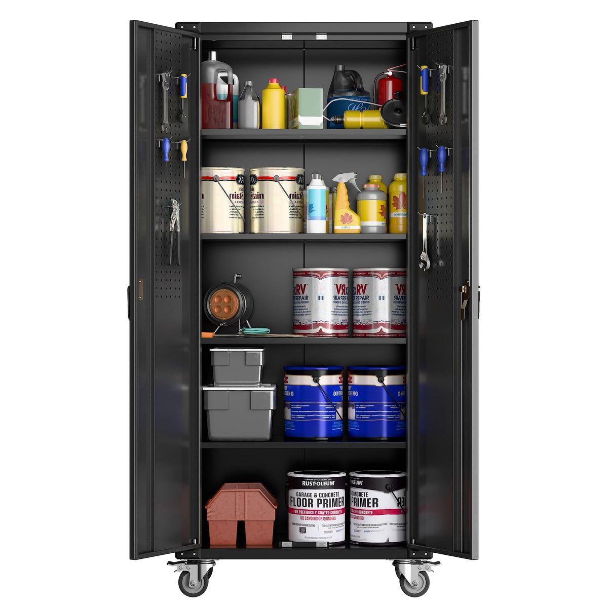 MilleLoom Heavy Duty Rolling Storage Cabinet 72" H – Mobile Locking Metal Cabinet with 4 Adjustable Shelves & Door Pegboard, Ideal for Garage, Workshop, Home Office – Black