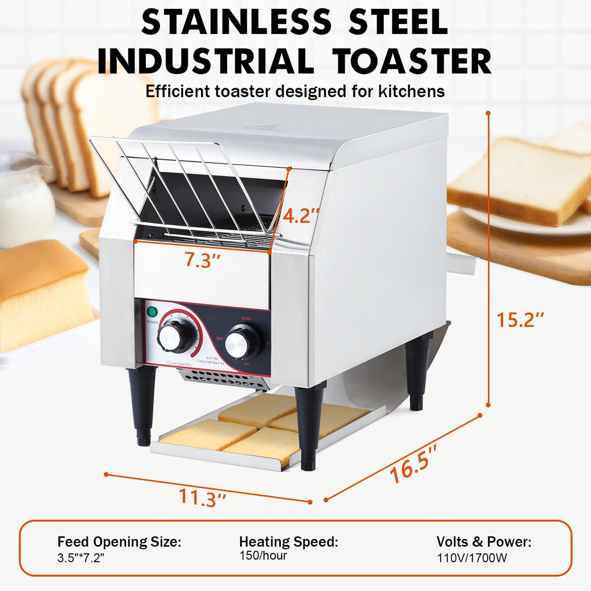 Commercial Conveyor Toaster 150 Slices/Hour, 1340W Heavy Duty Stainless Steel Electric Oven with Dual Heating Tubes for Restaurant Bagels and Croissants