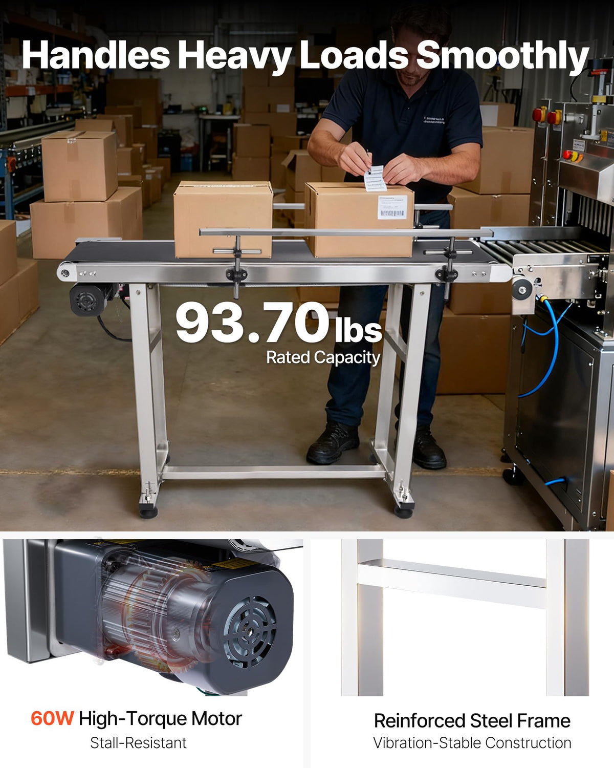 VEVOR PVC Belt Conveyor 47″x 7.8″, Electric PVC Conveyor 110V Adjustable Automatic Speed, Conveyor Machine with Double Guardrail, in Stainless Steel, Industrial Transport Equipment