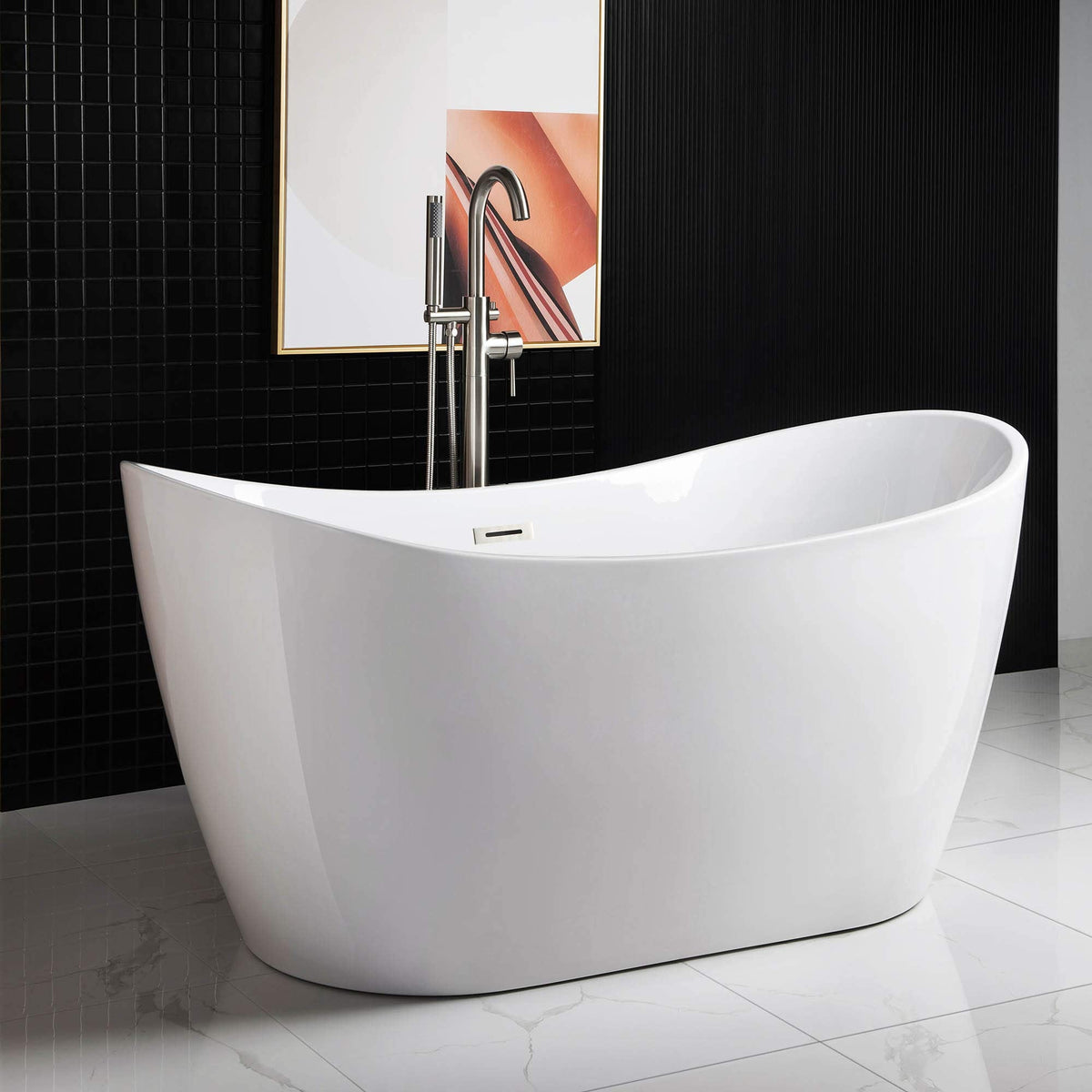 WOODBRIDGE 59"Freestanding White Acylic Soaking Bathtub with Brushed Nickel Drain and Overflow,B0011-BN