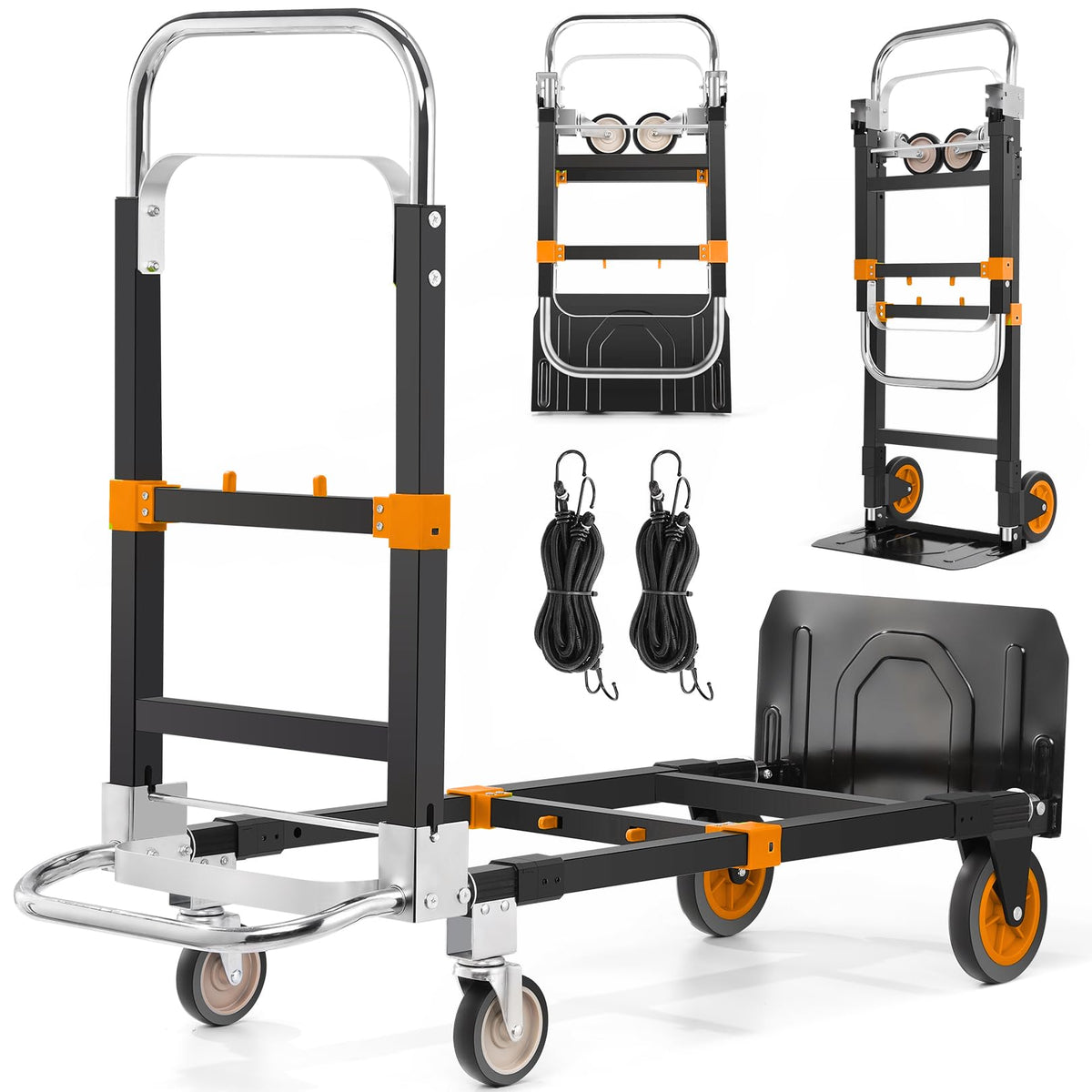3-in-1 Convertible Heavy Duty Folding Hand Truck Dolly, 600LB Capacity with Rubber& Wheels Telescoping Handles, Portable Collapsible Cart for Warehouse, Supermarket, Office (Orange)