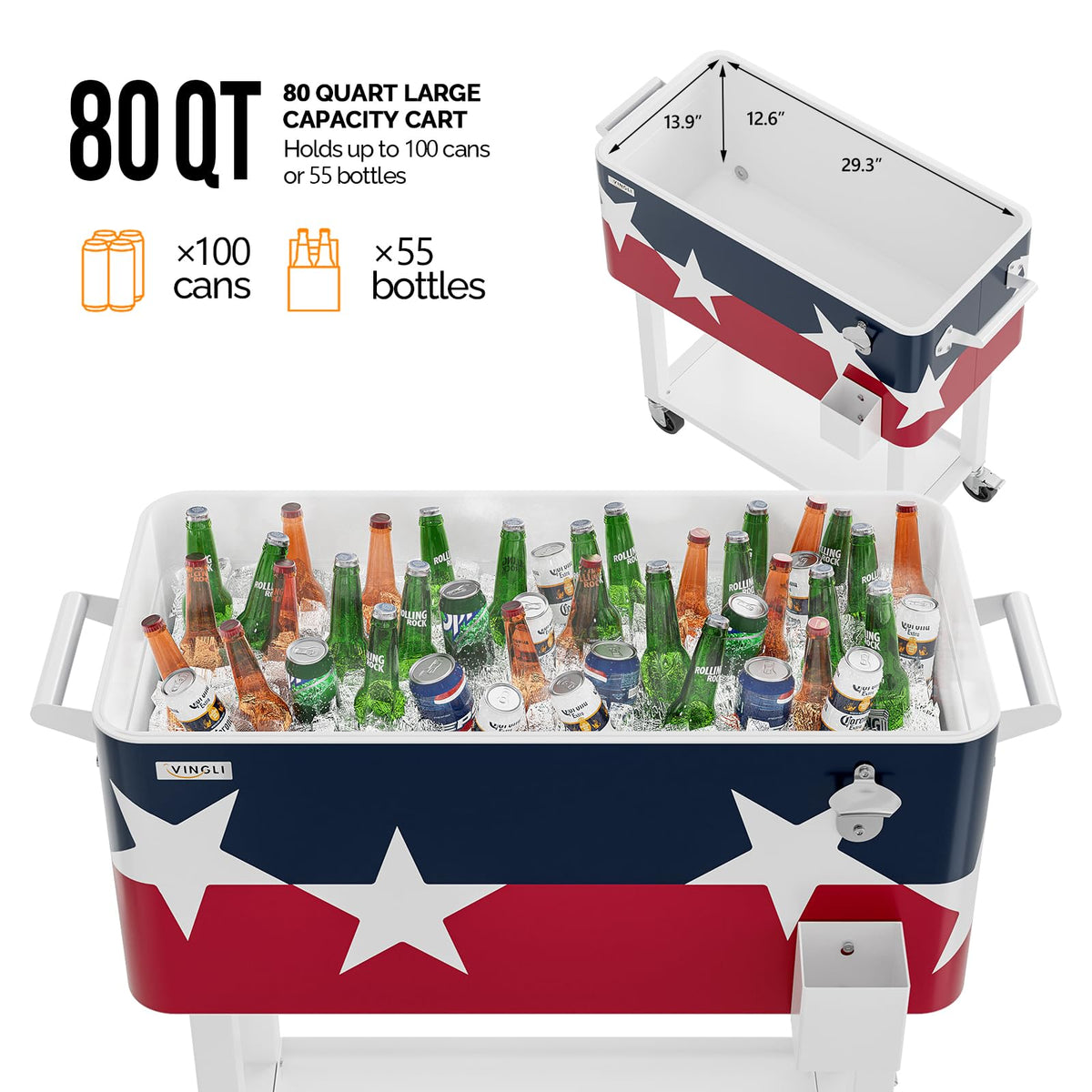 VINGLI 80 Quart Rolling Ice Chest, Portable Patio Party Bar Drink Cooler Cart, with Shelf, Beverage Pool with Bottle Opener (Red， White & Blue)