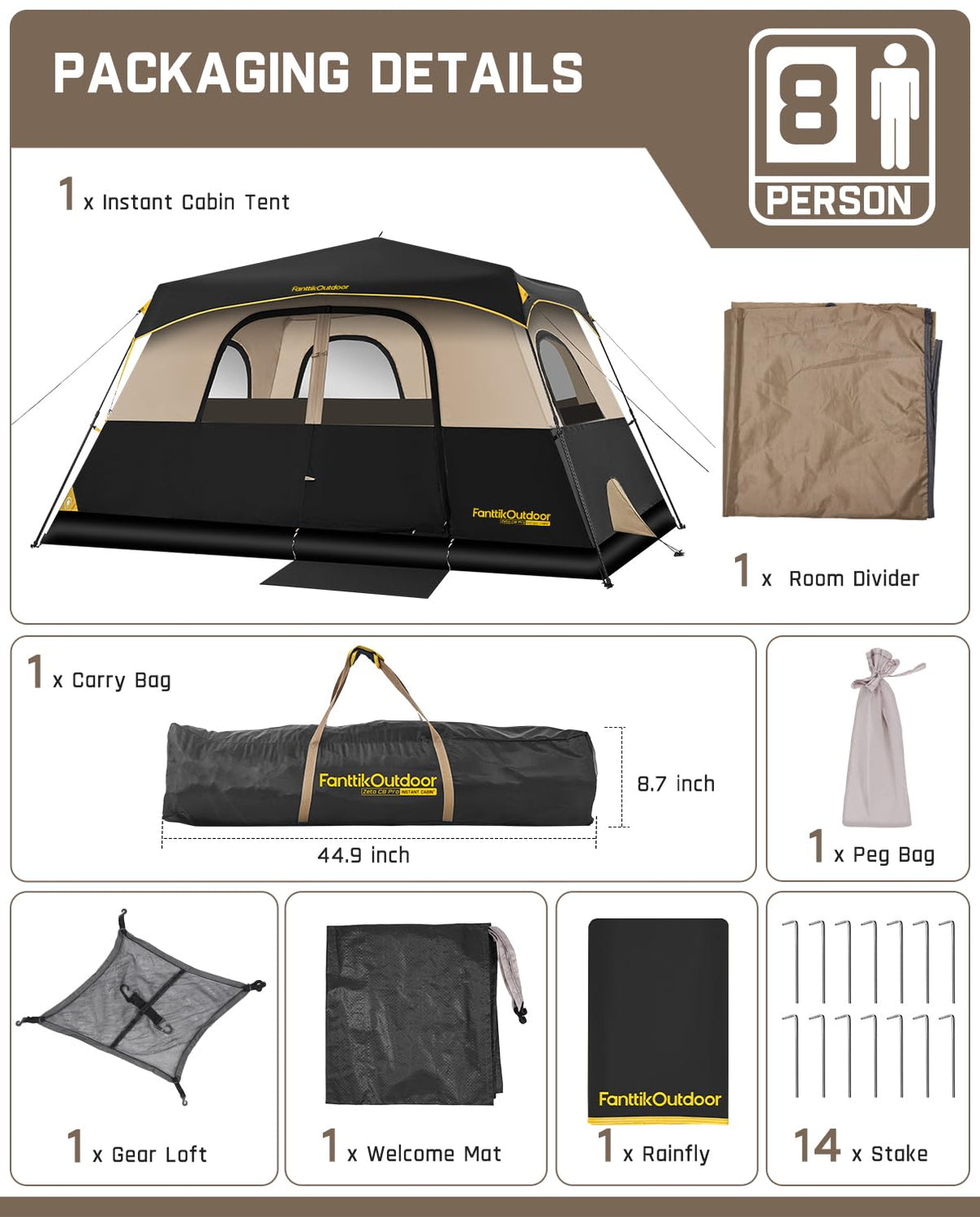 FanttikOutdoor Zeta C8 Pro Camping Tent 8 Person Instant Cabin Tent Setup in 60 Seconds with Rainfly & Windproof Portable with Carry Bag for Family Camping & Hiking, Khaki
