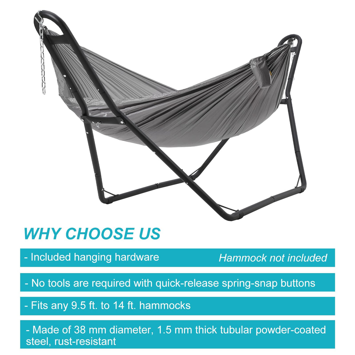 Universal 2 Person Hammock Stand, Heavy Duty Steel Hammock Stand 550 lbs Capacity, Fits 9 to 14 Foot Hammocks for Outdoor Indoor Adjustable Portable Hammock Stand with Chain, Hook, and Carrying Bag
