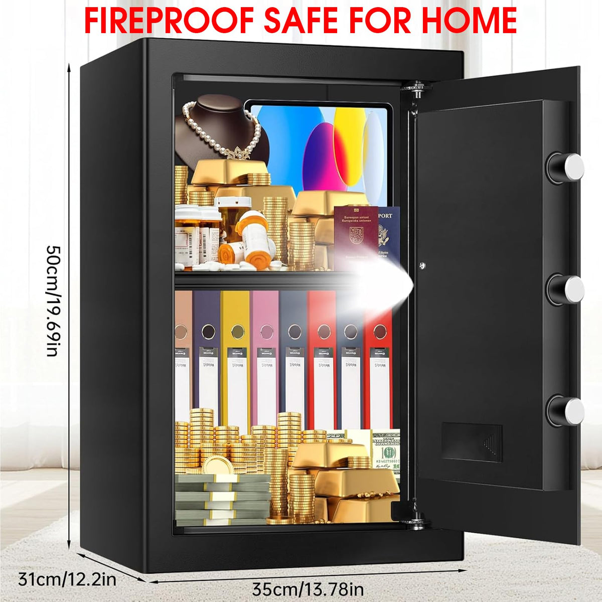 3.4 Cuft Large Home Safes Water and Fireproof, Personal Safe Box Fireproof Waterproof with Digital Keypad, Removable Shelves and Alarm System, Anti-theft Fire Proof Safe for Home Documents