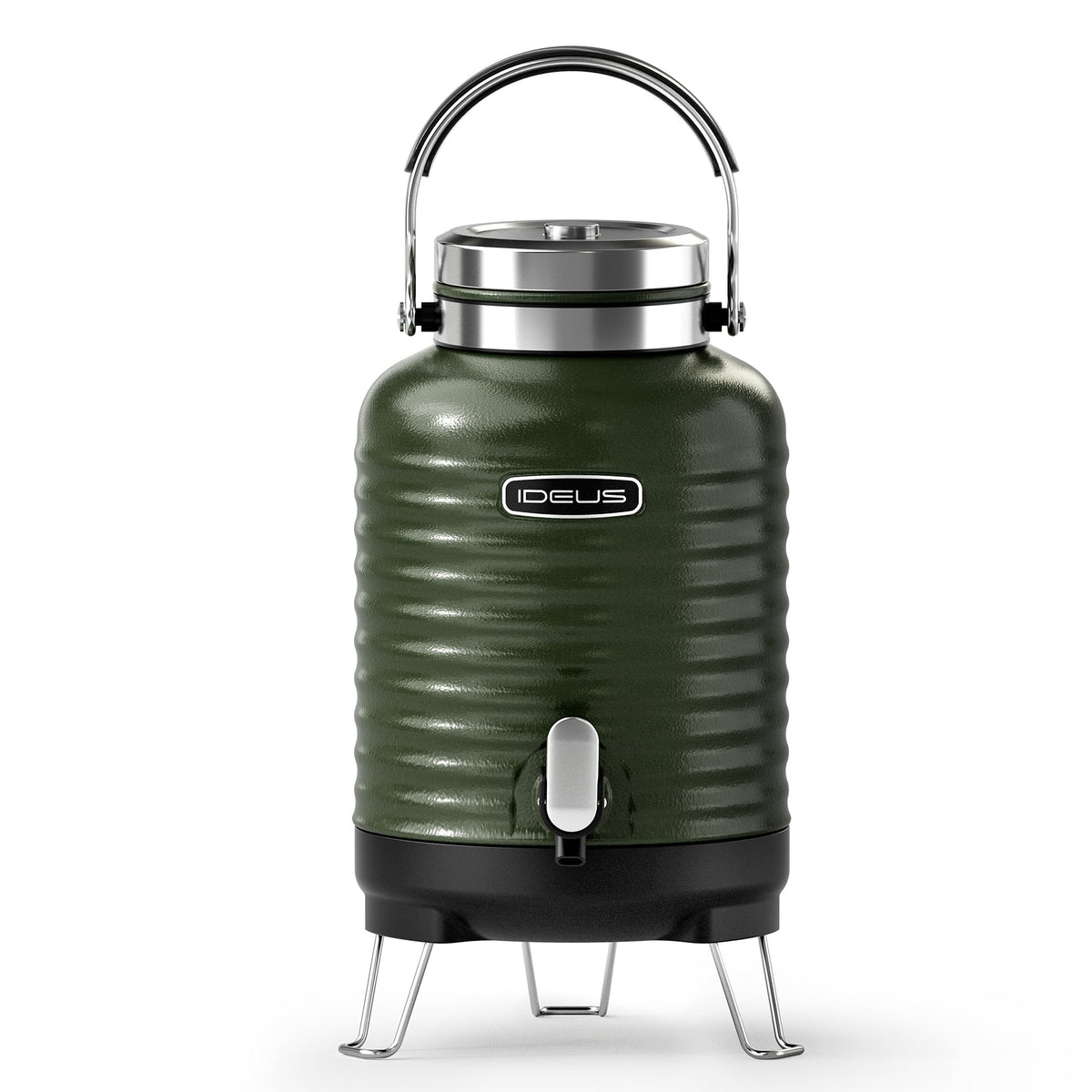 IDEUS Insulated Beverage Dispenser, All-in-one for Camping Vacuum Double-Wall Stainless Steel Water Cooler Coffee Carafe Jug Leakproof Drink Container with Handle, Spigot & Stand (Green, 1,4gal)
