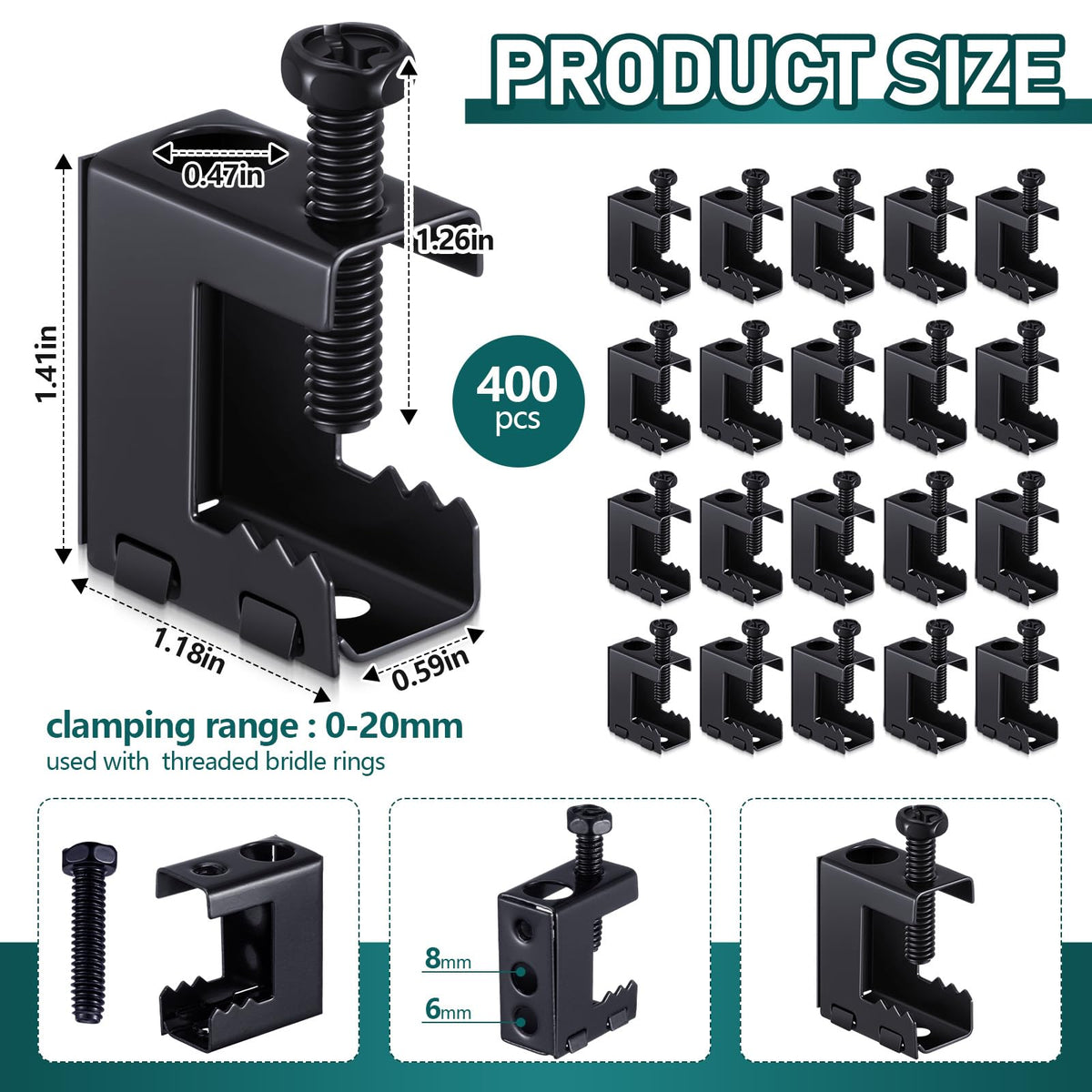 Tandefio 400 Pcs 1/4"-20 Spring Steel Beam Clamps Metal Beam Hangers Bolt on Clamp for Installation on Beams 1/4" and 3/8" Threaded Rod, S Hooks Bridle Rings for Pipe Cable Woodworking Tool (Black)