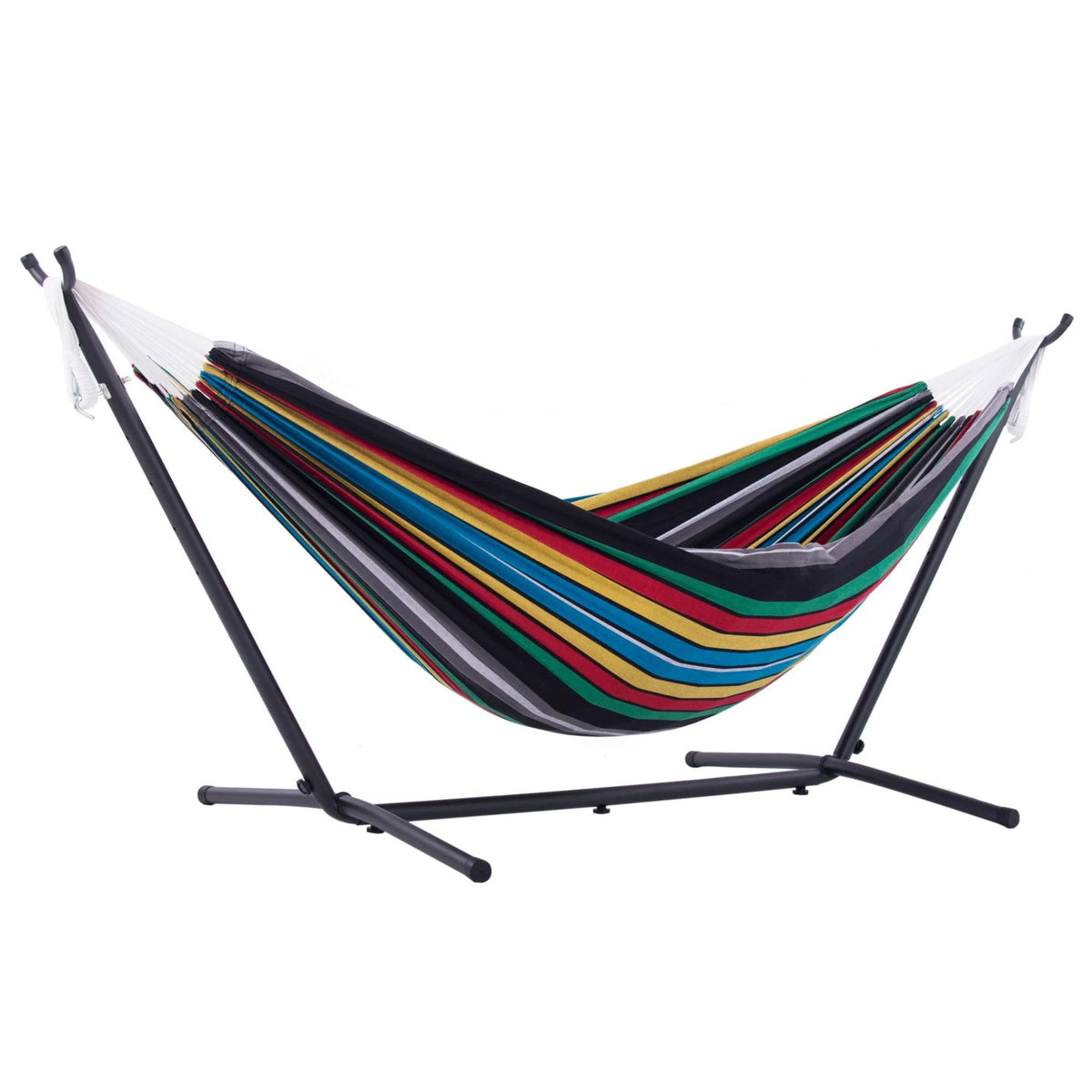 Vivere Double Cotton Hammock with Space Saving Steel Stand, Upgraded Polyester End Strings 450 lb Capacity - Premium Carry Bag Included - USA Grown Cotton (Rio Night)
