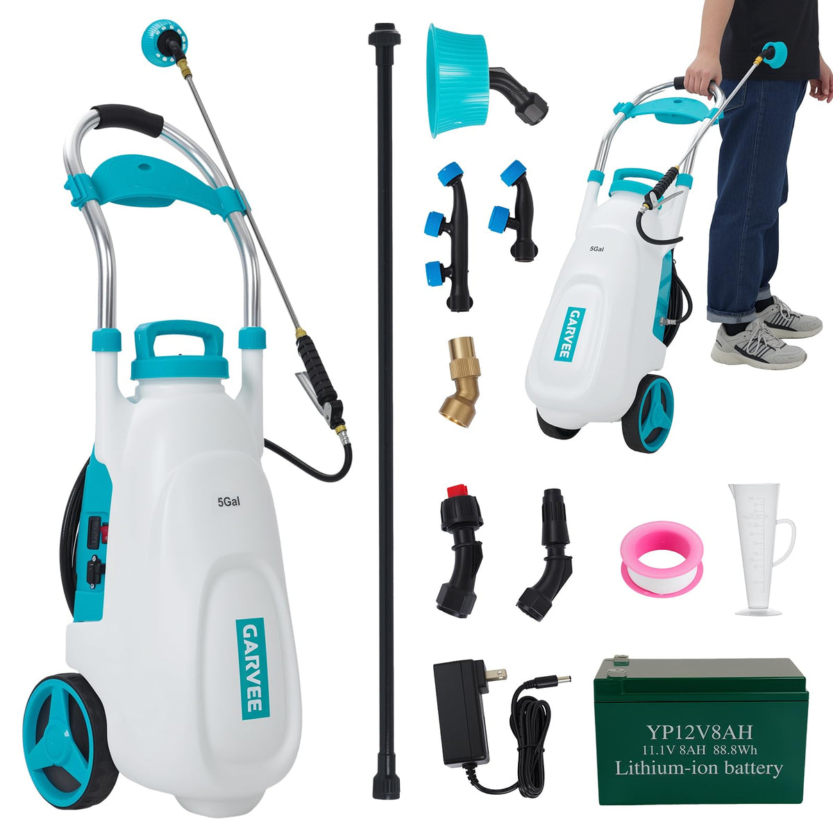 Garvee 5.3 Gallons Battery Powered Sprayer with Wheeled Cart, 12V 8Ah Electric Sprayer with 6 Nozzles & 2 Wands, 4-6 Hour Runtime, 90PSI Adjustable Pressure, Trigger Lock, Yard Sprayers for Lawn and g