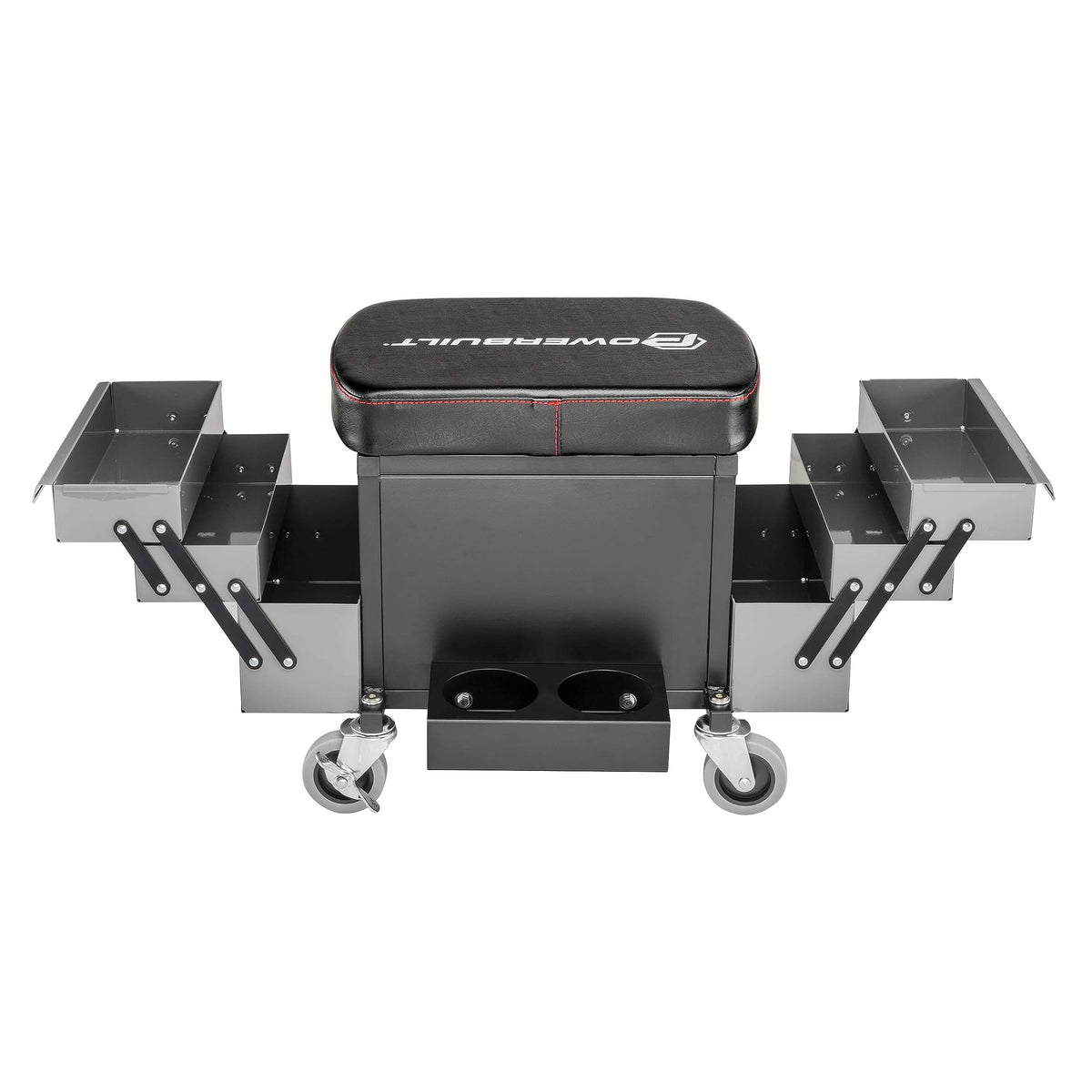 Powerbuilt Rolling Seat with Expandable Tool Trays, Roller Toolbox Garage Stool - Grey 941918ECE