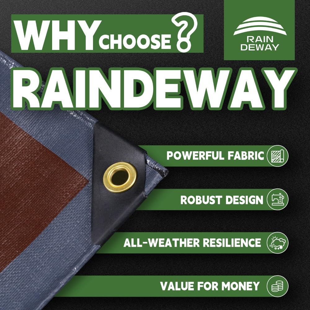 RAINDEWAY 20x30 Feet Super Heavy Duty Tarp 18 Mil, UV Resistant, Weatherproof, Multipurpose Waterproof Poly Tarp with Grommets and Reinforced Edges, Brown/Gray Tarps