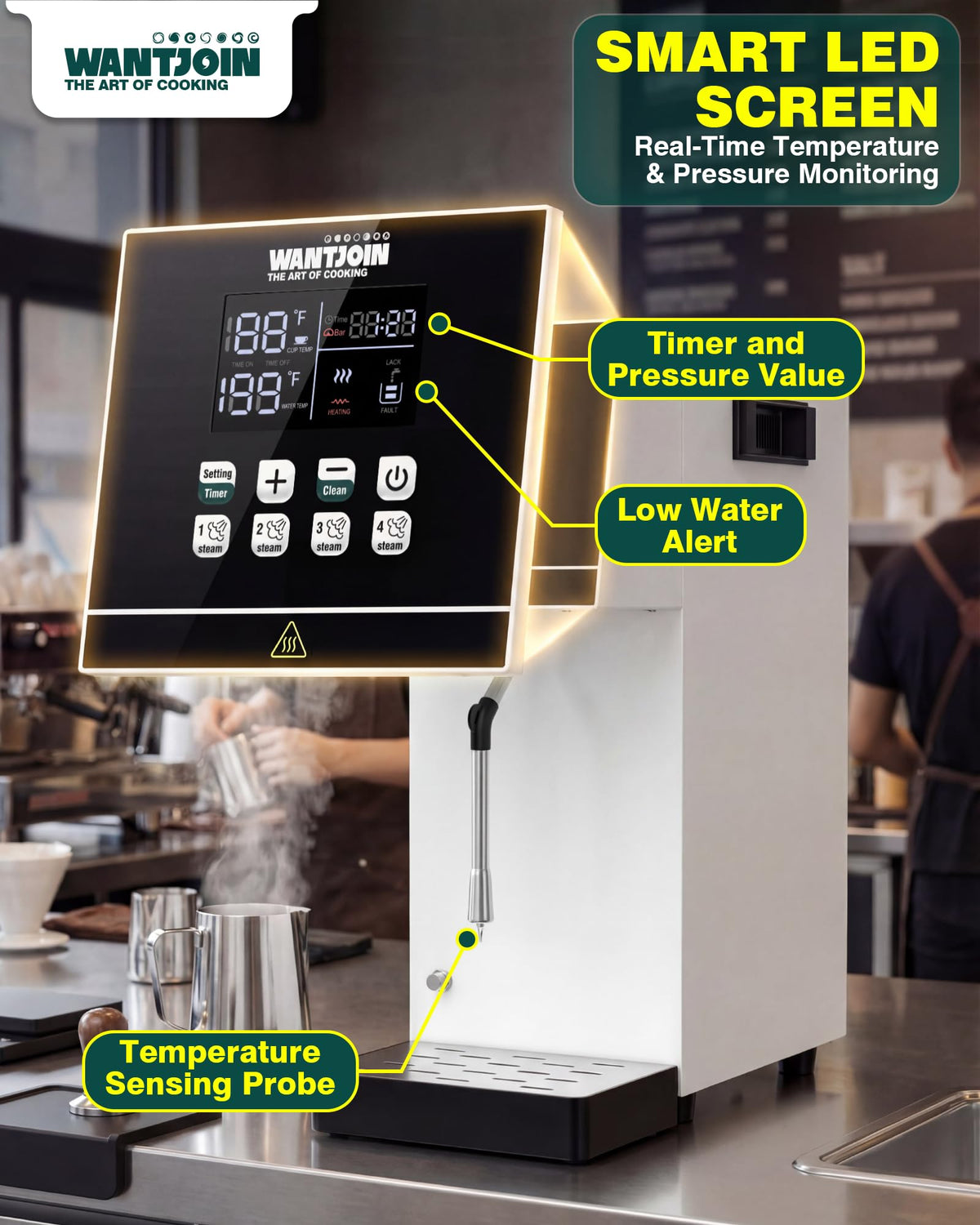 WantJoin Commercial Milk Frother - 2000W Milk Steamer for Latte Cappuccino Coffee, Beverage Heater with Hot Water Dispenser & LED Display, Hotel Use (White)