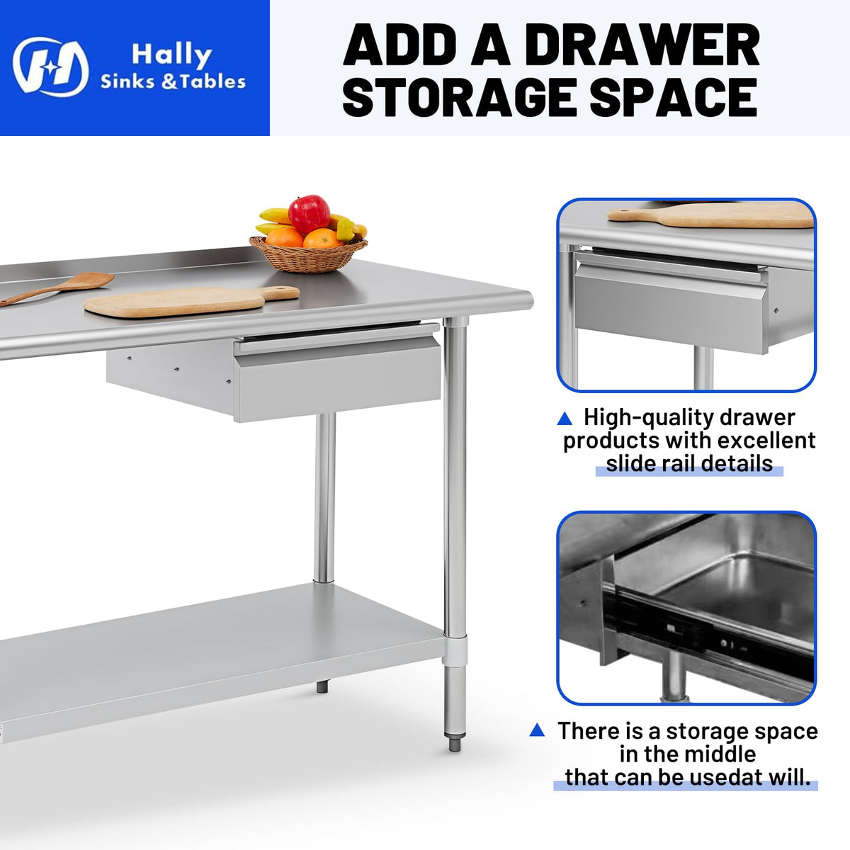 Hally Stainless Steel Prep Table 24 x 48 Inch with Backsplash, NSF Certified Commercial Work Table with Drawer, Removable Stainless Steel Pan, Undershelf and Side Hook for Restaurant, Home, Garage