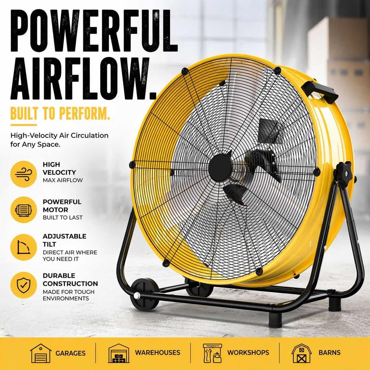 Uthfy 24 Inch High Velocity Industrial Fan, 8800CFM Heavy Duty Floor Drum Fan with 3 Speeds, 360° Tilt Metal Garage Fan with Wheels for Warehouse, Commercial, Workshop, Factory and Gym,Yellow