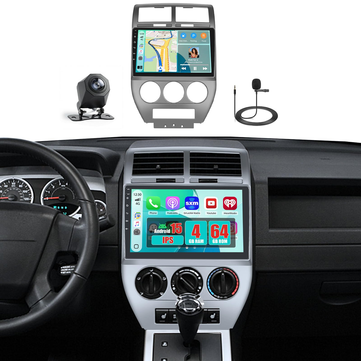 [4+64G] Hikity for Jeep Compass Patriot 2007 2008 2009 2010 Android Car Stereo, 10.1 Inch Touchscreen Radio Carplay/Android Auto GPS Navigation WiFi Bluetooth FM RDS + AHD Backup Camera