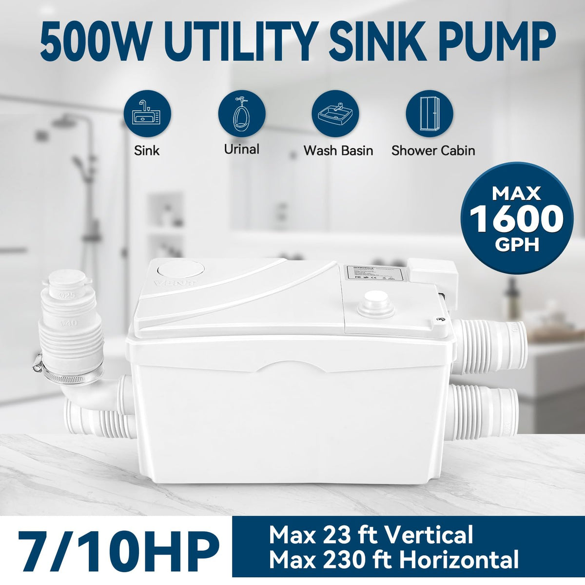 500W Utility Sink Pump with PCB Function Upgrade Structure Upflush to 23FT 1600GPH Under Sink Pump with 3 Water Inlets 1 Outlet Macerating Toilet System for Sink Shower Urinal Kitchen Basement