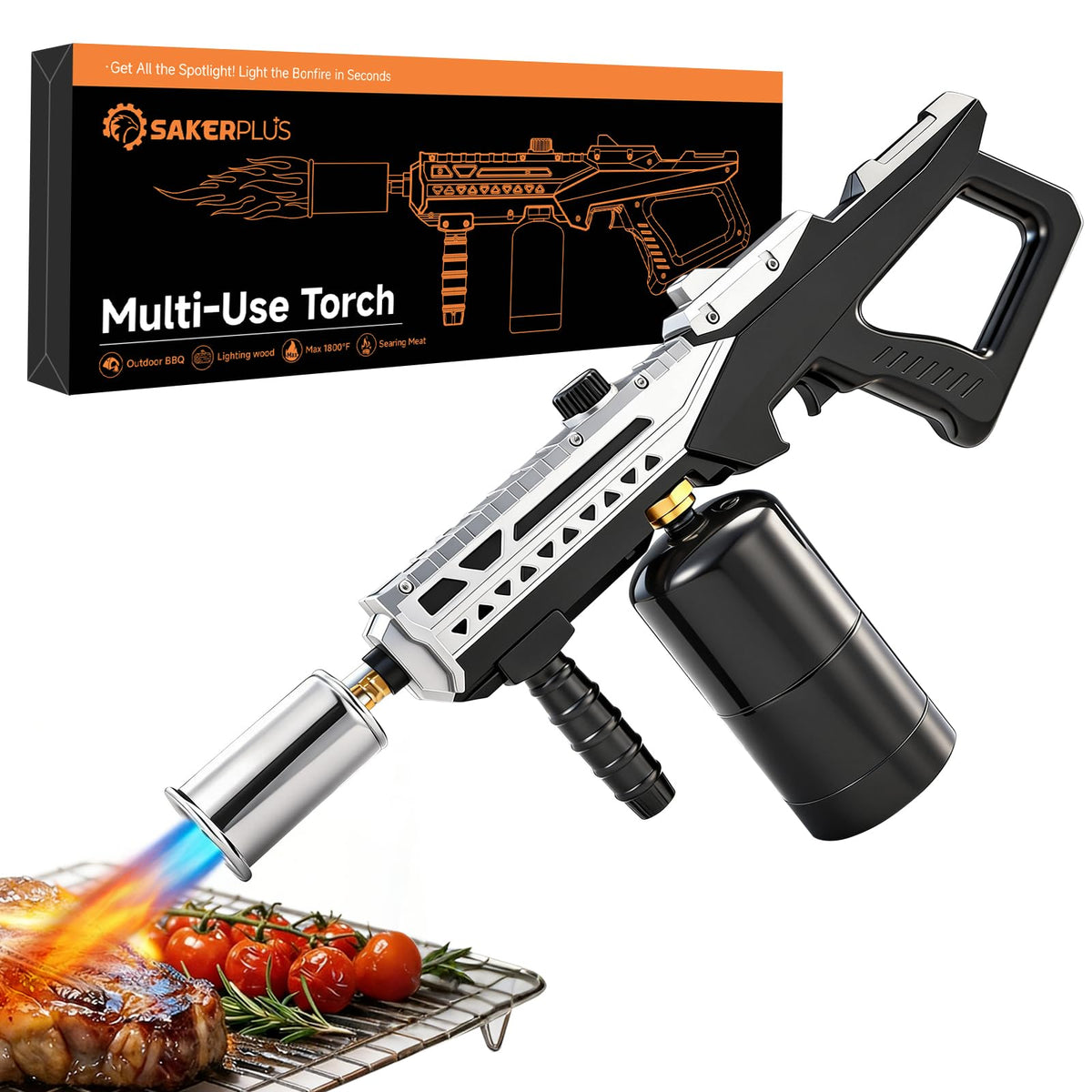Sakerplus Propane Torch, 3272°F High Power Torch Gun with Adjustable Flame & Safety Lock, Heavy Duty Blow Torch for BBQ, Sous Vide, Steak Searing, Campfire & Charcoal Starter (Tank Not Included)