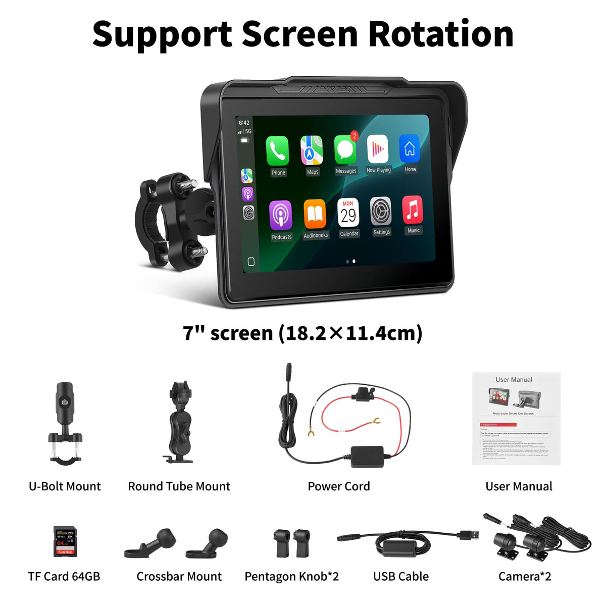 Motorcycle CarPlay Screen 7", Waterproof GPS Display for Motorbike, Wireless CarPlay & Android Auto para Moto, Dual Bluetooth, Touchscreen, Music Sharing Siri (7" Wireless CarPlay) (Dual Camera)
