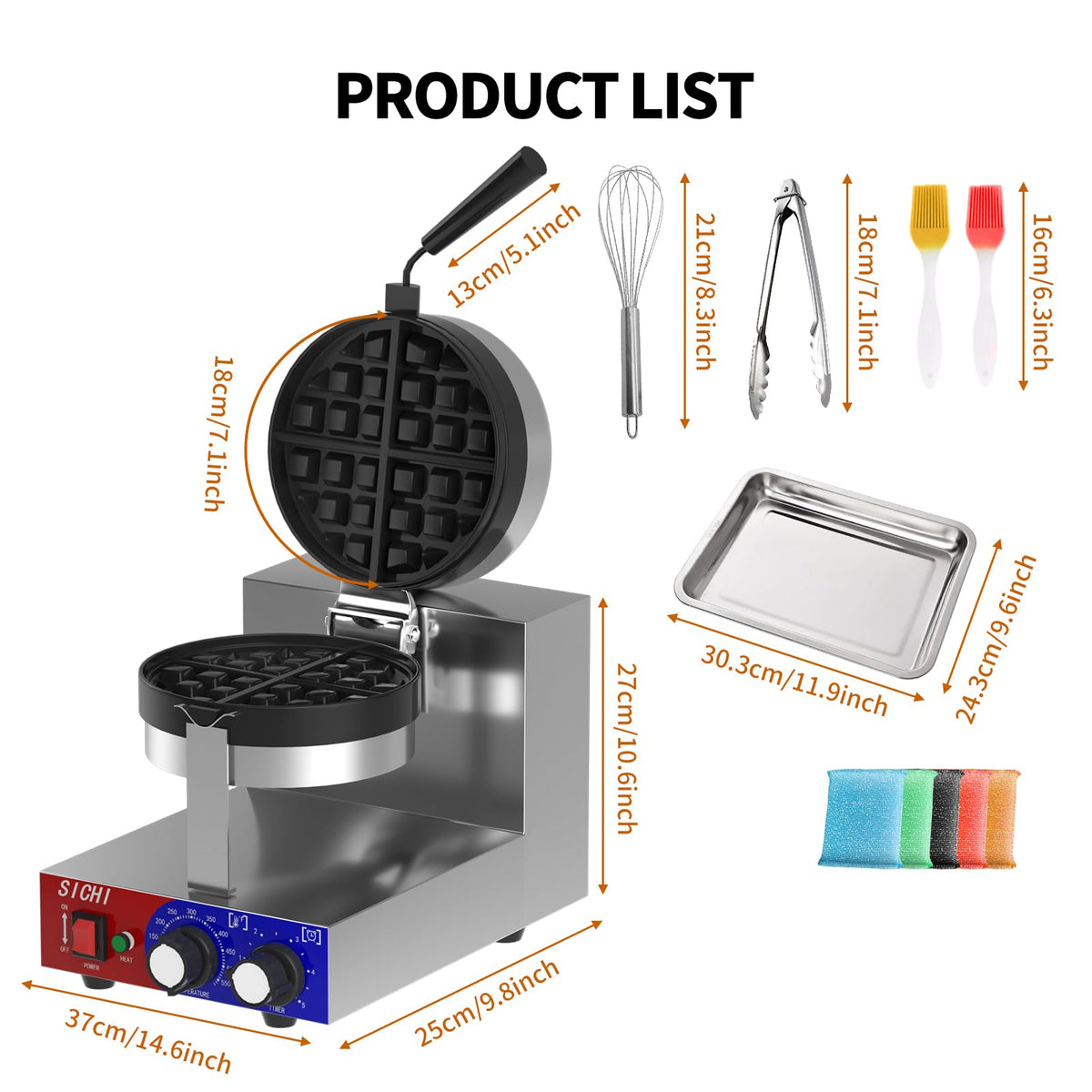 HTTSICHI Commercial Waffle Maker - Belgian Waffle Maker w/Non-stick Baking Pan and 550℉ Heating, 1200W Rotating Waffle Iron for 1.2" Thick, Stainless Steel Round Waffle Machine for Restaurant