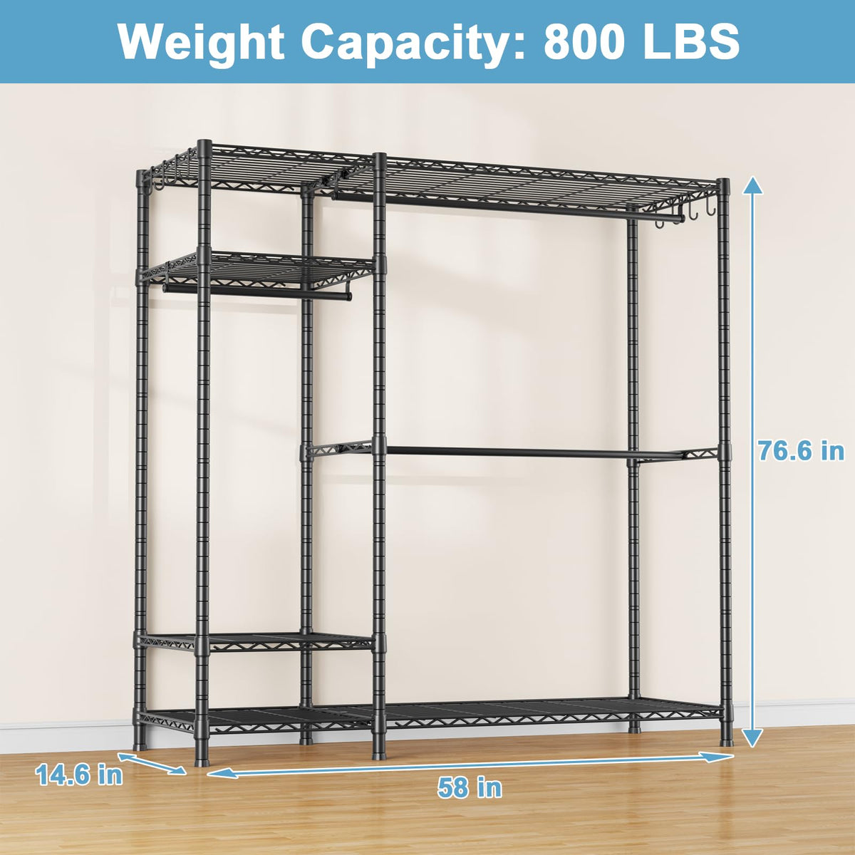 Ulif F7 Garment Rack, Heavy Duty Clothes Rack, Clothing Racks for Hanging Clothes, 6-Tiers Freestanding Portable Closet Storage Rack 58'' W × 14.6'' D × 76.6'' H, Max Load 800 Lbs, Black
