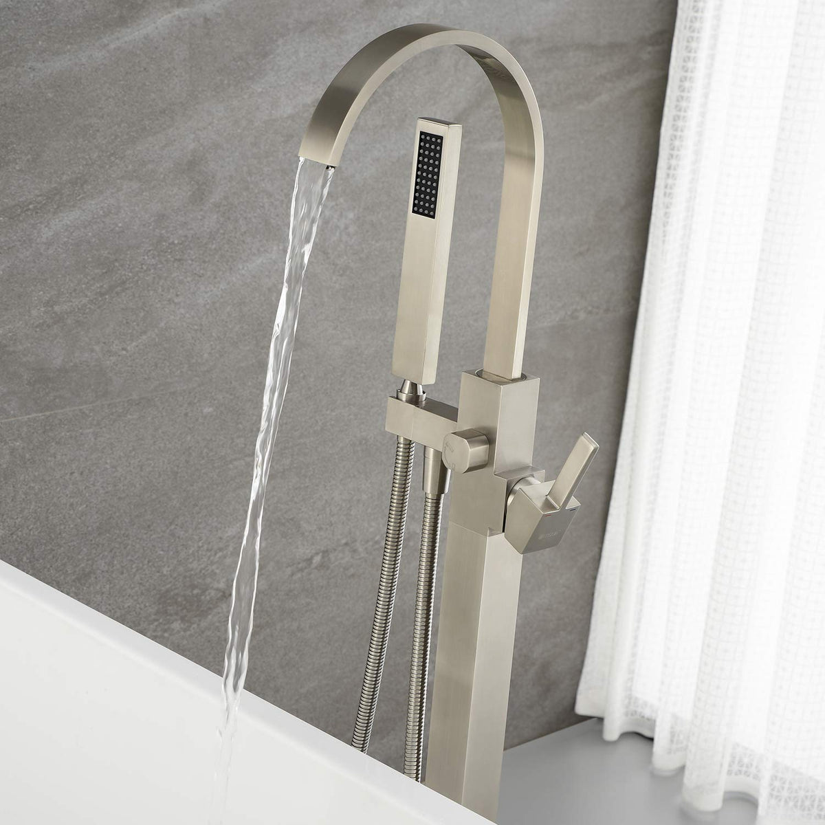 Artiqua Freestanding Bathtub Faucet Tub Filler Brushed Nickel Waterfall Floor Mount Faucets Single Handle with Hand Shower