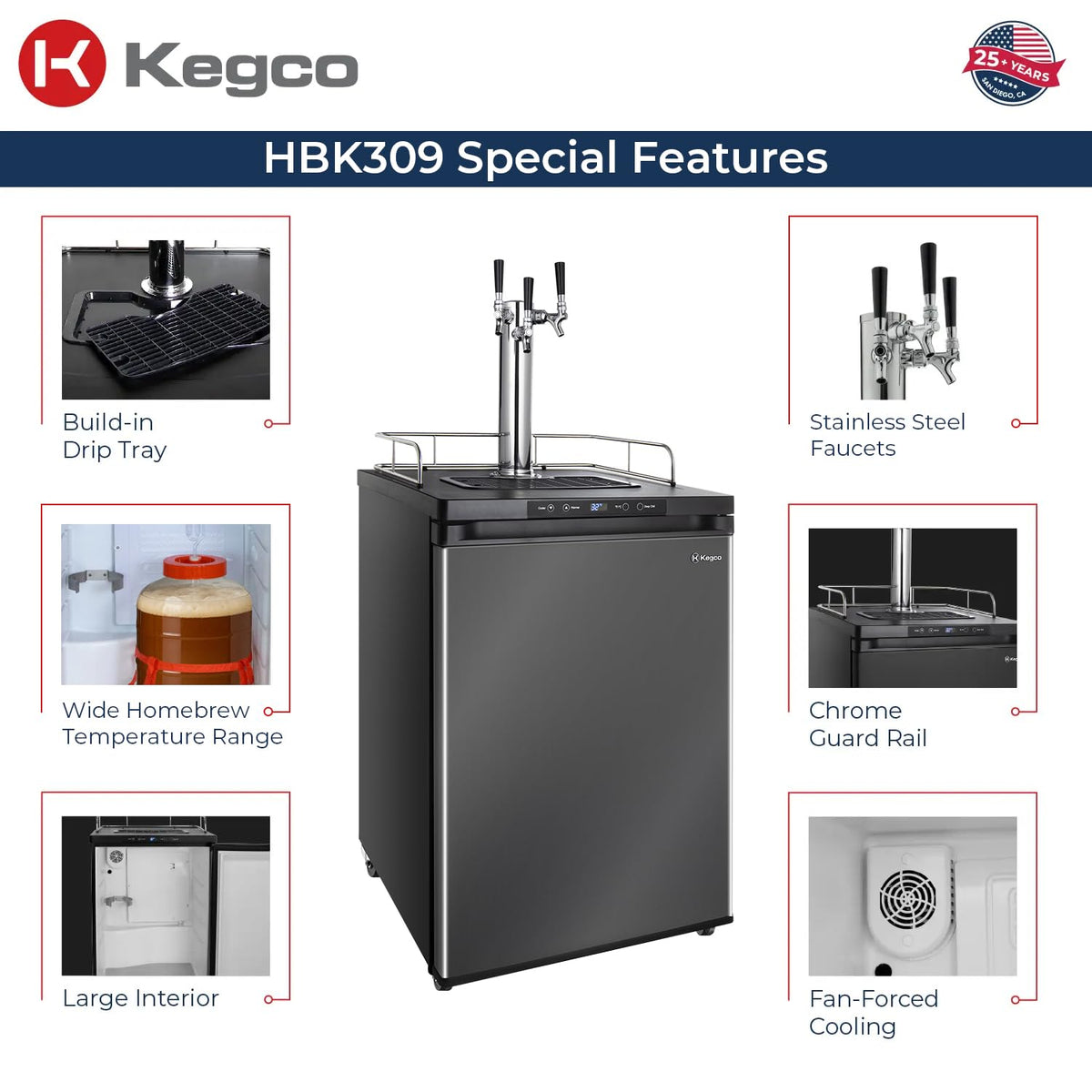 Kegco HBK309X-3 Keg Dispenser, 3 faucet without kegs Black Stainless Steel