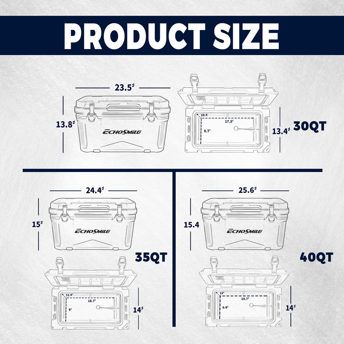 EchoSmile 25/30/35/40/60/75 Quart Rotomolded Cooler, Built to Stand up to The Rigors of The Journey