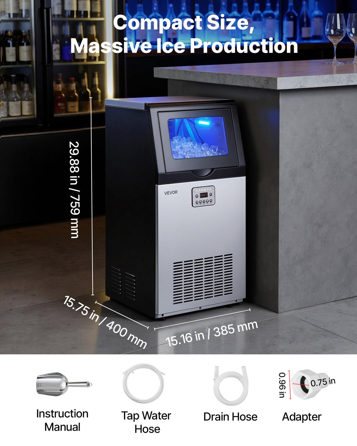 VEVOR Commercial Ice Maker Machine, 100 lbs/24h with 30 lbs Storage Capacity, Built-in/Freestanding/Under Counter, Stainless Steel Ice Maker with LED Display & Self-Cleaning, for Home Bar Restaurant