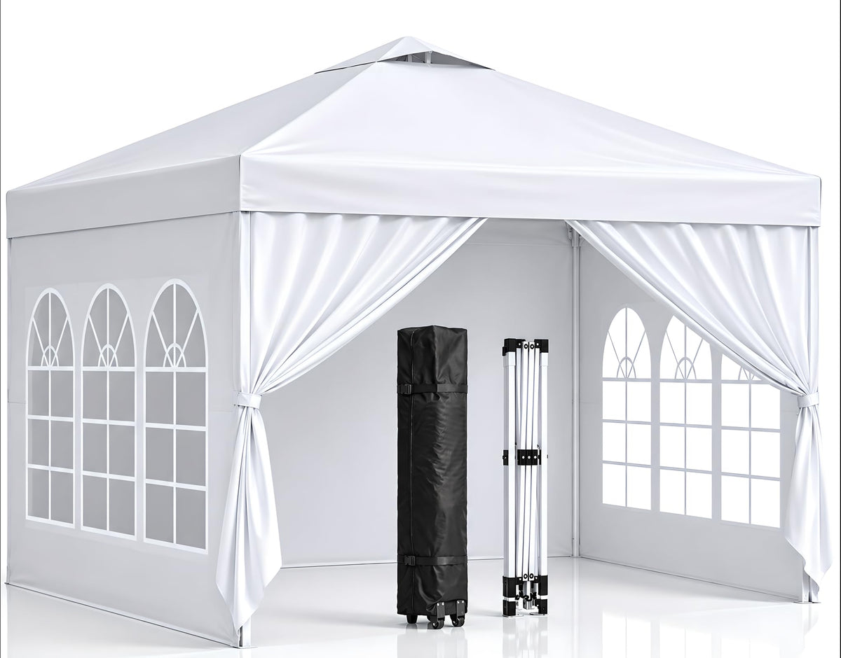 10x10 Pop Up Canopy with Sidewalls- Portable Sun Shade Beach Tent, Gazebo Heavy Duty with Cover Wheeled Bag, Ideal for Parties, Backyard, Camping (White)