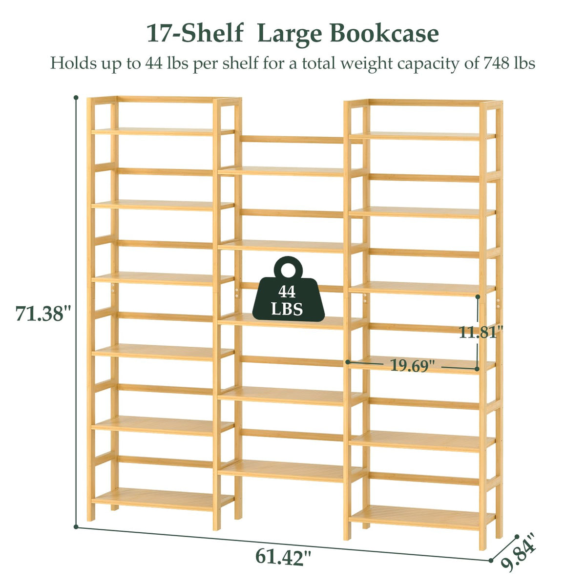 Homykic Bamboo Bookshelf, 71” Tall Triple Wide Bookcase with 17 Open Storage Shelves, 6-Tier Etagere with Back Rails, Large Display Shelf for Books, Plants, Home Office, Living Room, Max Load 748LBS