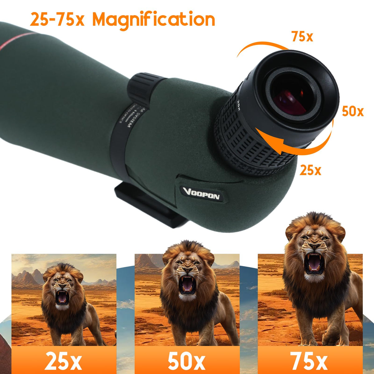 Voopon 25-75x80 HD Spotting Scope - BAK4 Prism Nitrogen-Filled with Phone Adapter, and Carrying Bag for Target Shooting, Hunting, Bird Watching, and Wildlife Viewing - Waterproof Frogproof Telescope