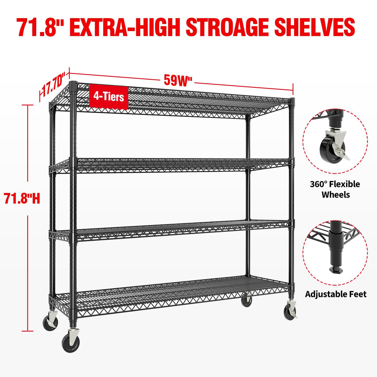59"W Storage Shelves 2640LBS Heavy Duty Garage Shelving Units with Wheels, 4-Tiers Wire Shelving Rack Metal Storage Shelves with Adjustable Shelf, for Garage Pantry Kitchen Commercial Industrial