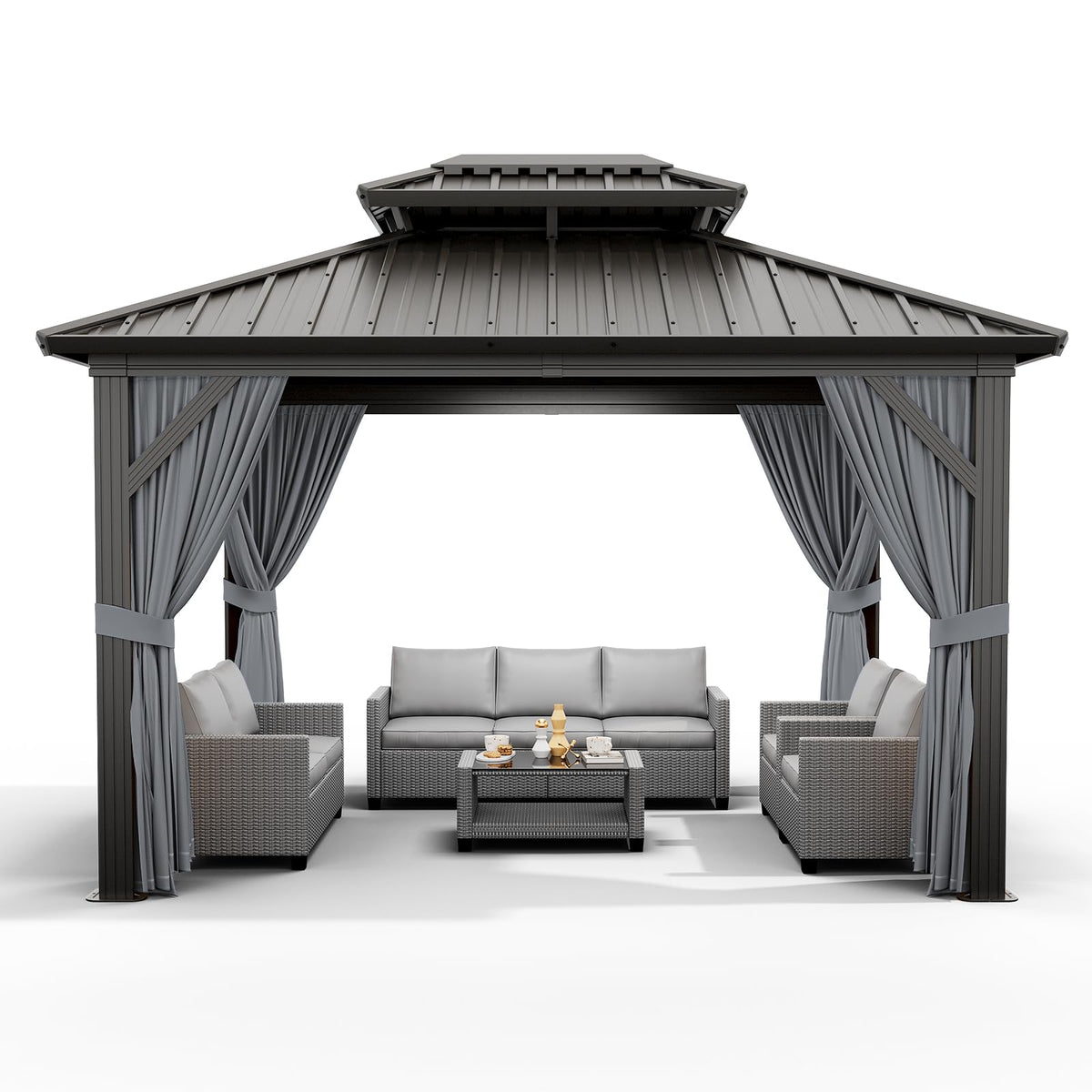 12'x10' Hardtop Gazebo, Heavy Duty Aluminum Permanent Hardtop Gazebo Outdoor Pavilion with Curtains and Netting for Garden