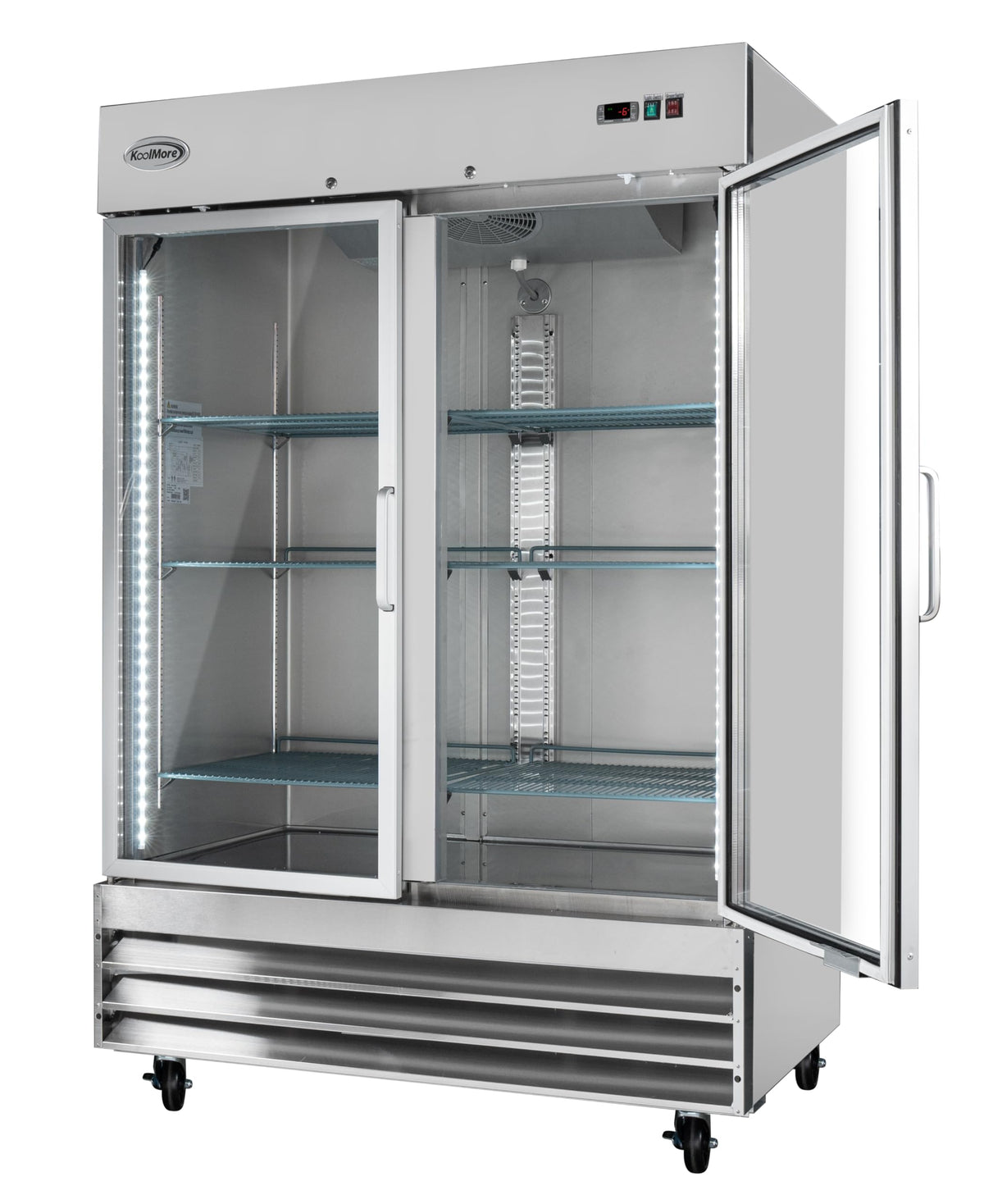 KoolMore Commercial Stainless-Steel Upright Freezer with Reach-In Self-Close Glass Doors, 6 Storage Shelves, Heavy-Duty Caster Wheels, Frost-Free Temperature Control - 47 Cu.Ft [Silver] (RIF-2D-GD)