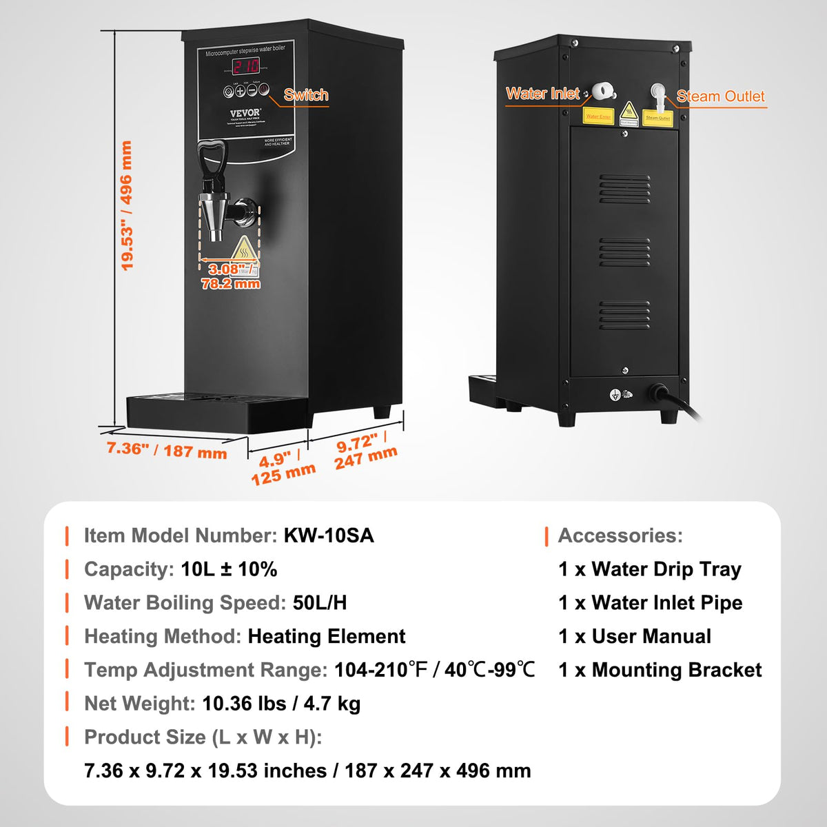 VEVOR Commercial Water Boiler, 10L Electric Hot Water Dispenser with 316 Stainless Steel Heating Tube, 1500W Step-by-step Fast Heating 50L/H Hot Water Boiler, for Coffee Tea Restaurant Office