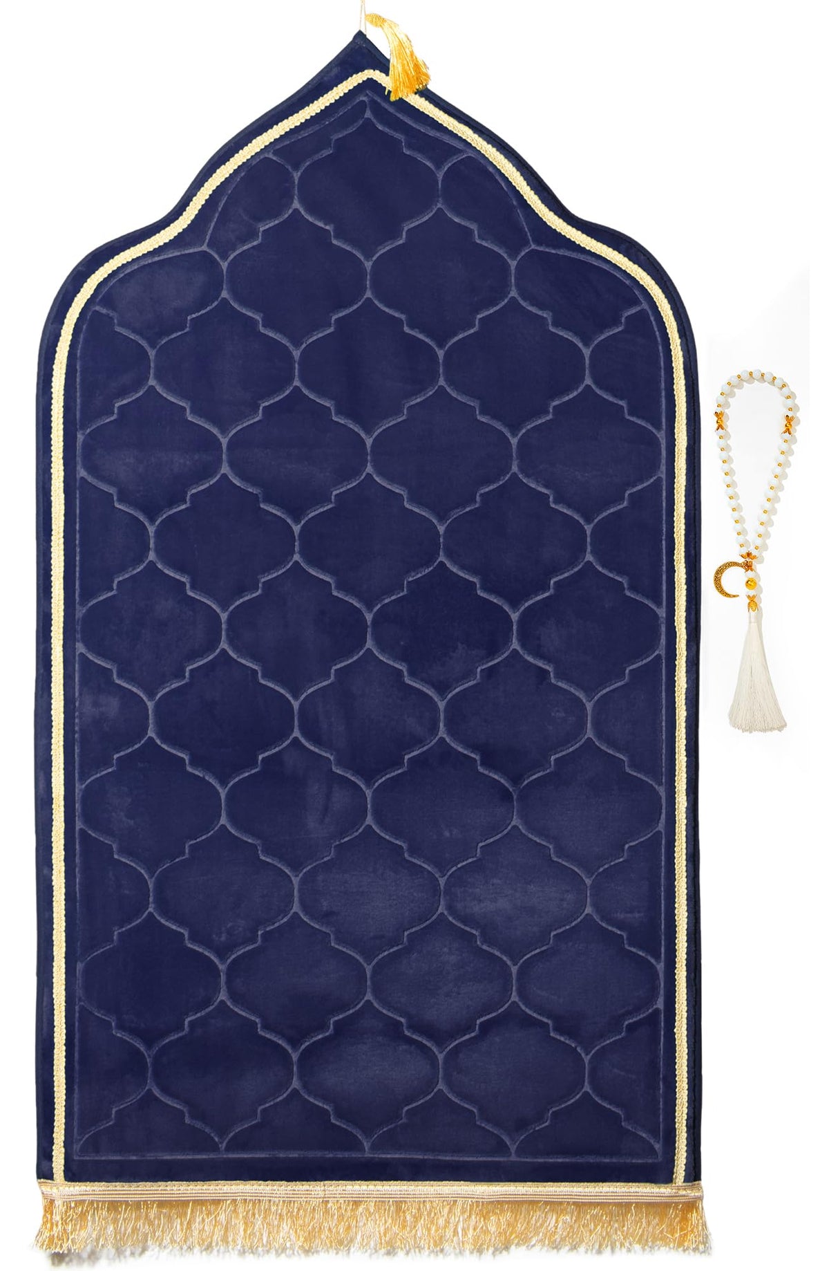 YAZEIN Muslim Prayer Rug with Tasbih Prayer Beads, Soft Memory Foam Prayer Matt Islam, Padded Islamic Prayer Mat Thick for Men and Women, Janamaz, Sajadah (25.6" x 43.3", Navy Blue)