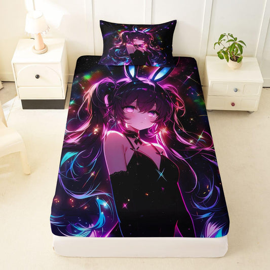 Erosebridal Cute Bunny Girls Twin Bed Sheets Japanese Anime Girl Fitted Sheet,Cartoon 3D Kids Bedding Sets Magical Neon Stars Sheets with 1 Pillowcase
