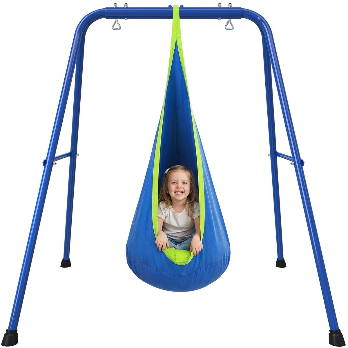 SMkidsport Heavy Duty Sensory Swing Frame for Kids - Indoor Outdoor Metal Stand with Cotton Pod Swing - 200LBS Capacity Blue Therapy Swing for Autism, ADHD, Special Needs - Easy Install ﻿