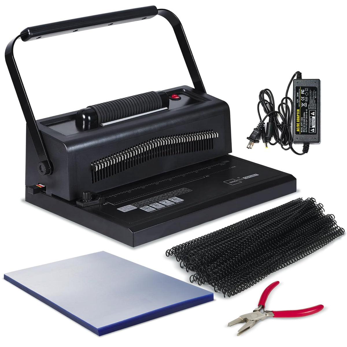 Binditek Spiral Binding Machine, Manual Punch & Electric Coil Inserter, 46 Disengageable Dies, Adjustable Side Margin, with 100 Pack 8Mil PVC Covers, 100 Pack 5/16'' Coils and Plier