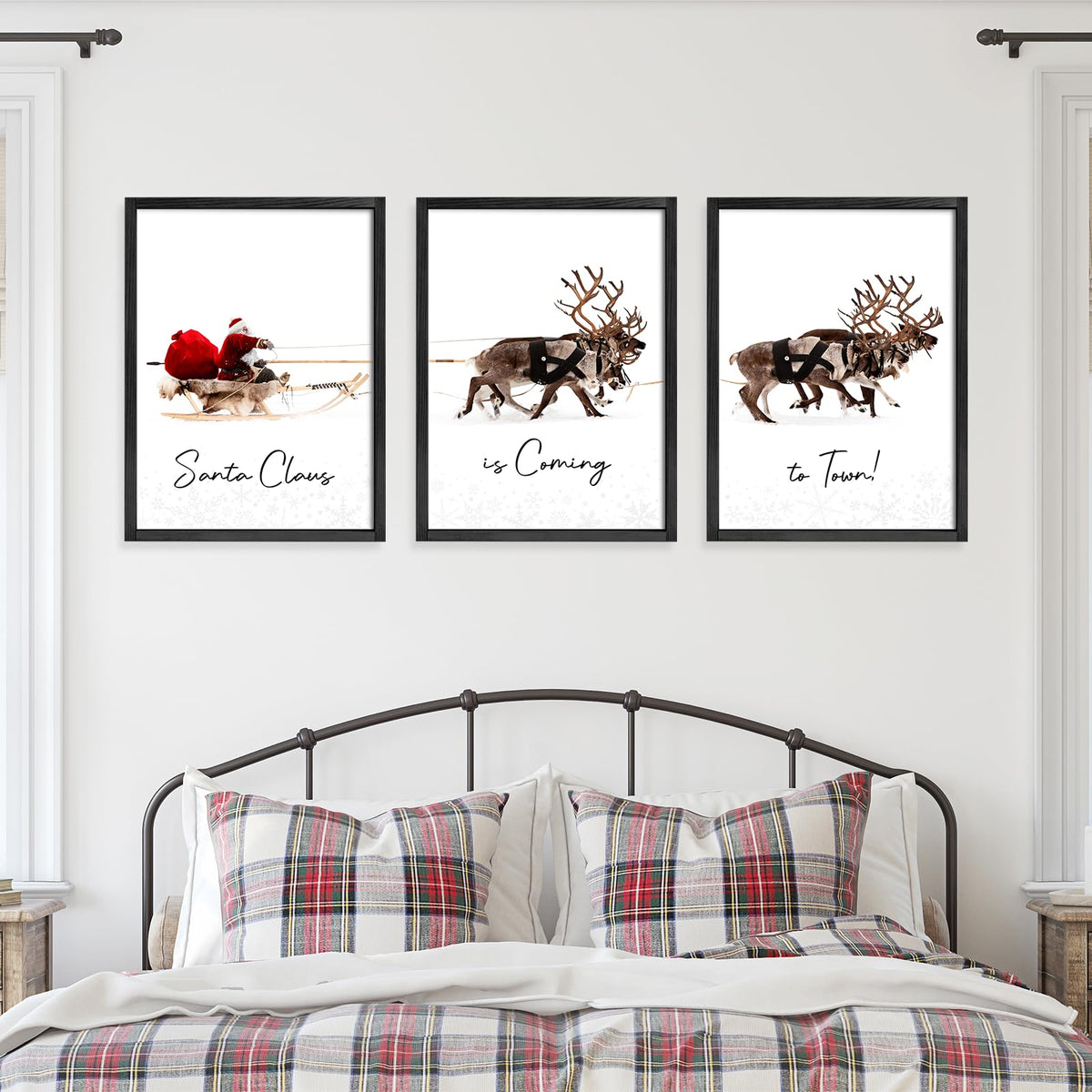 LITIVY Christmas Wall Art Prints - Set of 3 Santa Claus with Sleigh Deer for Home Decor - Xmas Sign - 12x16in - Black