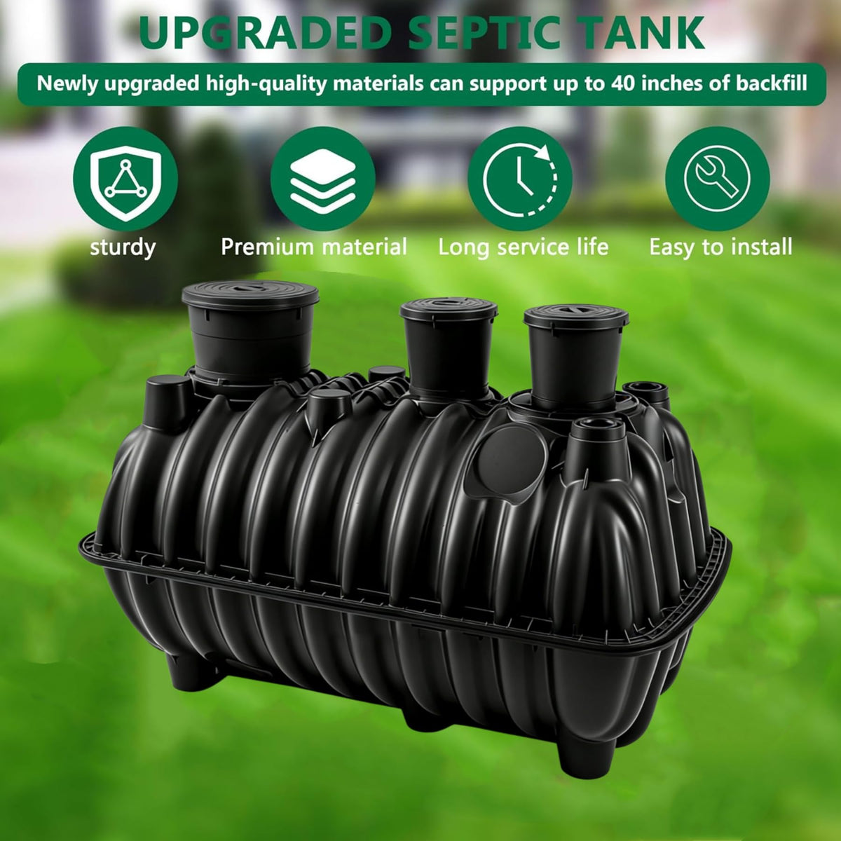 Large 274-gallon underground septic tank, corrosion-resistant PP septic tank system, equipped with a standpipe and observation hole cover, dimensions are 68.3x38.8x36.2 inches, suitable for 3-5 people