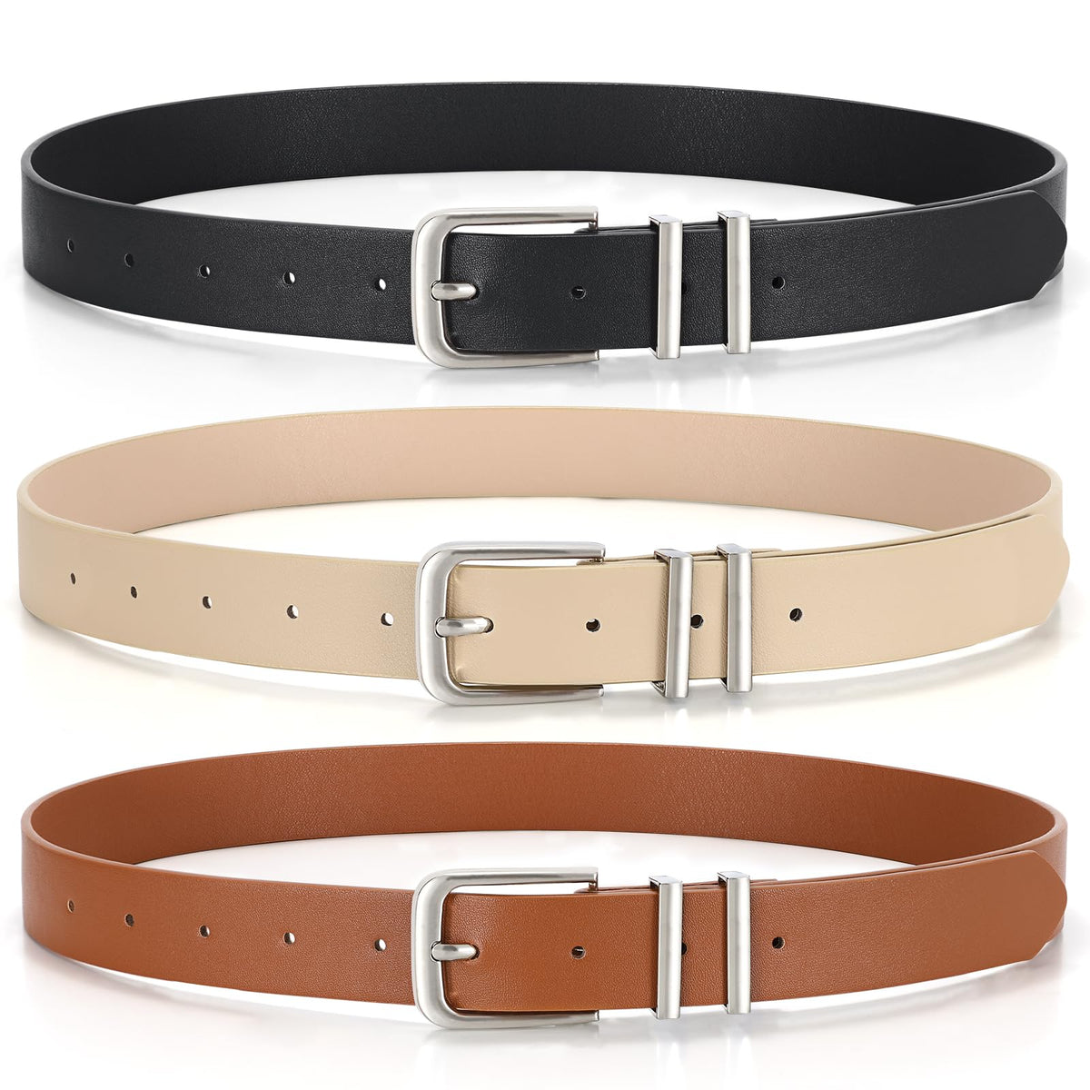 3 Pack Women's Belts for Jeans Pants Dresses Fashion Ladies Leather Waist Belt with Buckle Leather Belts,Black Beige Brown,M