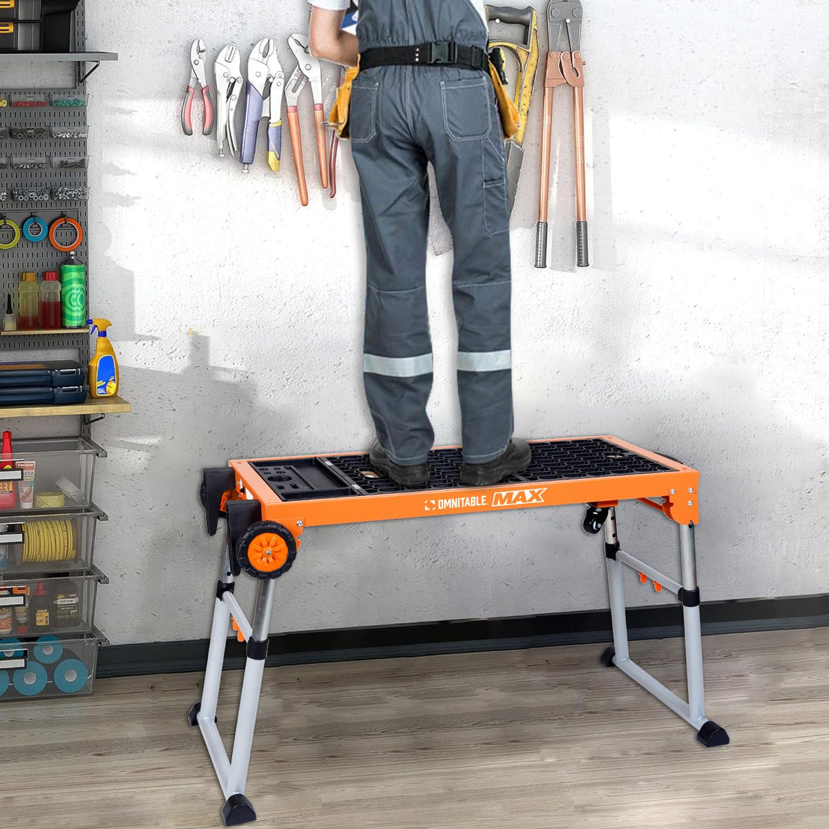 Disston OmniTable Max Heavy Duty Portable Workbench Worktable Scaffold Creeper Dolly with Easy-to-use Adjustable Legs. Table Holds up to 440Lbs